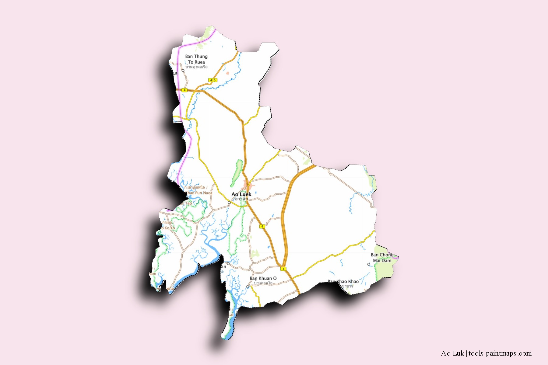 Ao Luek neighborhoods and villages map with 3D shadow effect