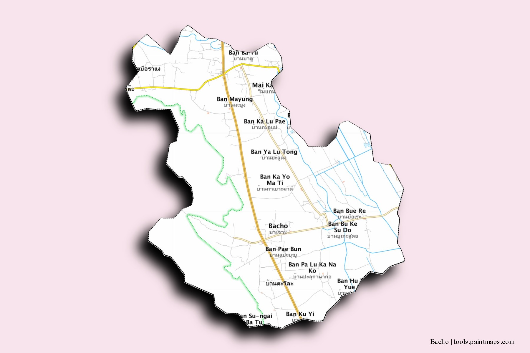 Mapa de barrios y pueblos de Bacho con efecto de sombra 3D