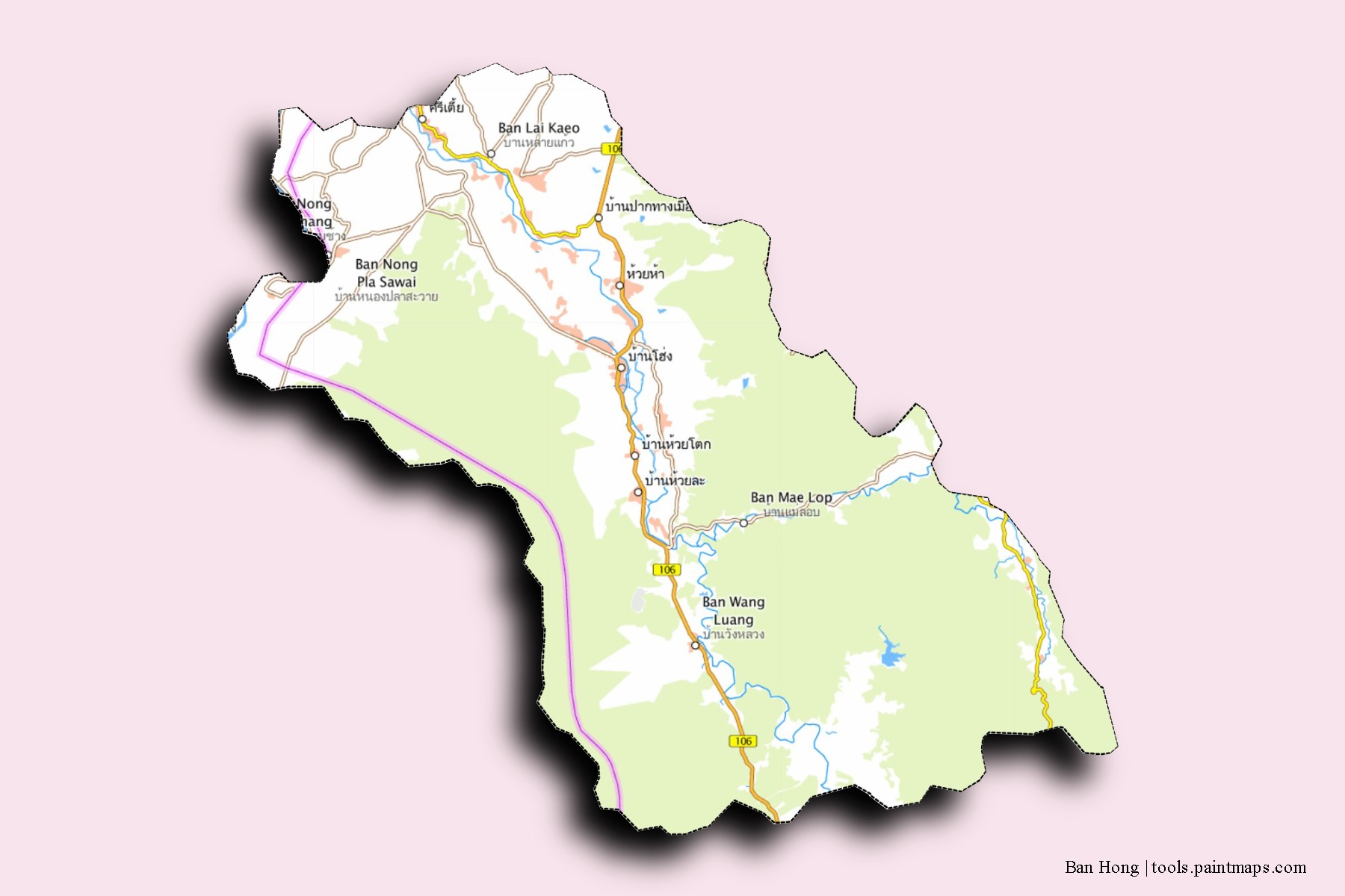 Mapa de barrios y pueblos de Ban Hong con efecto de sombra 3D