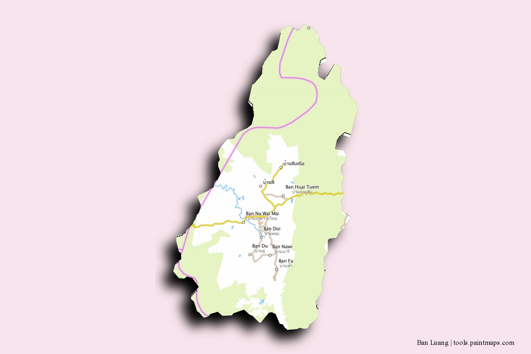 Mapa de barrios y pueblos de Ban Luang con efecto de sombra 3D