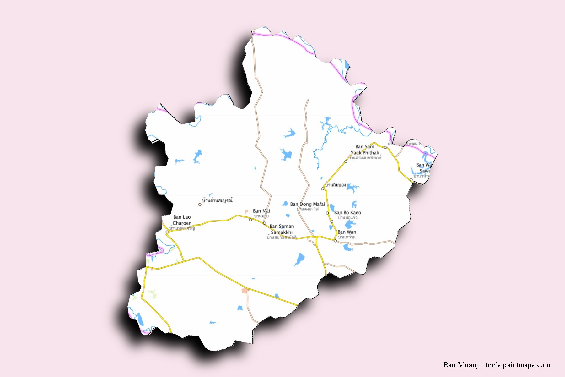 Mapa de barrios y pueblos de Ban Muang con efecto de sombra 3D