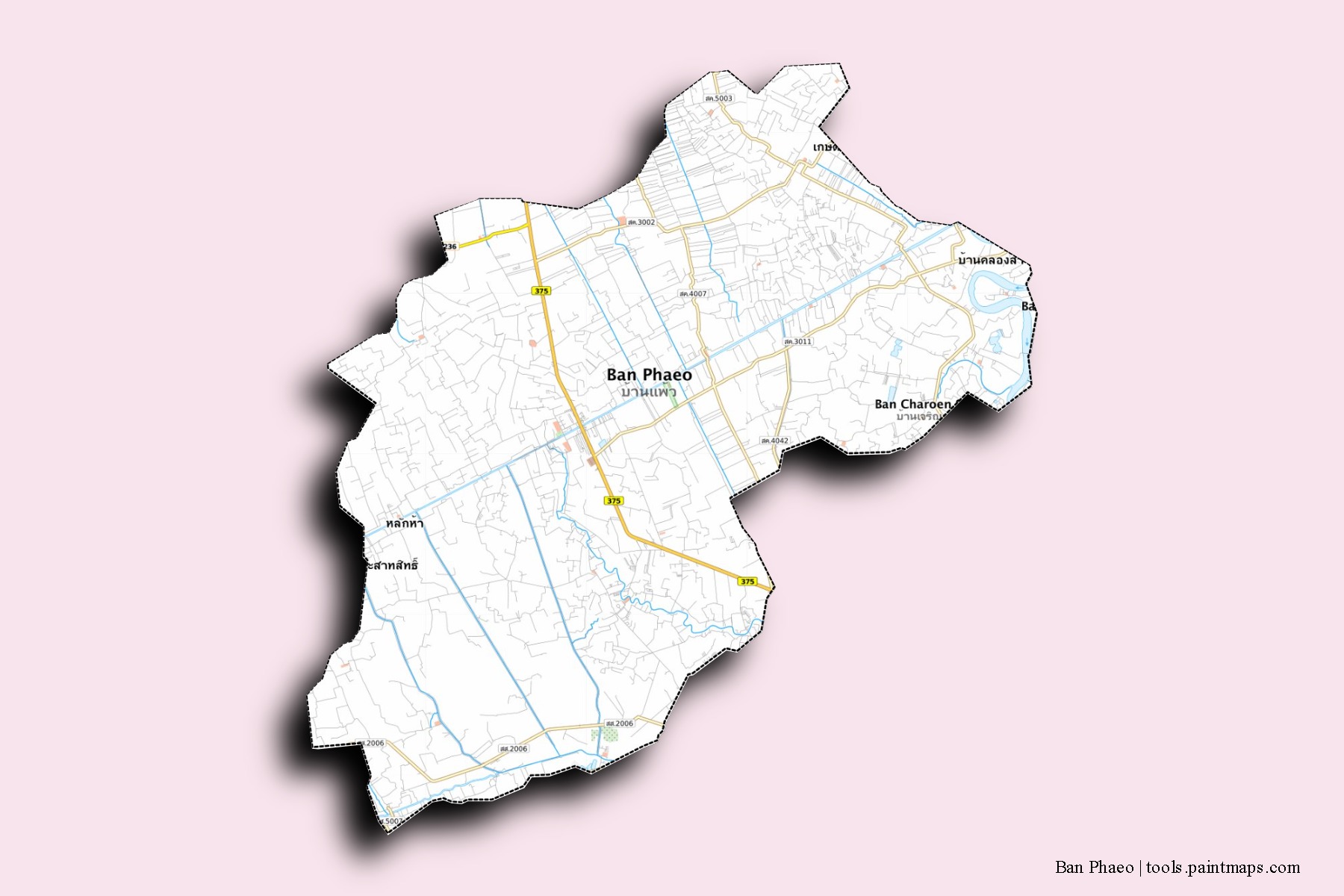 Mapa de barrios y pueblos de Ban Phaeo con efecto de sombra 3D