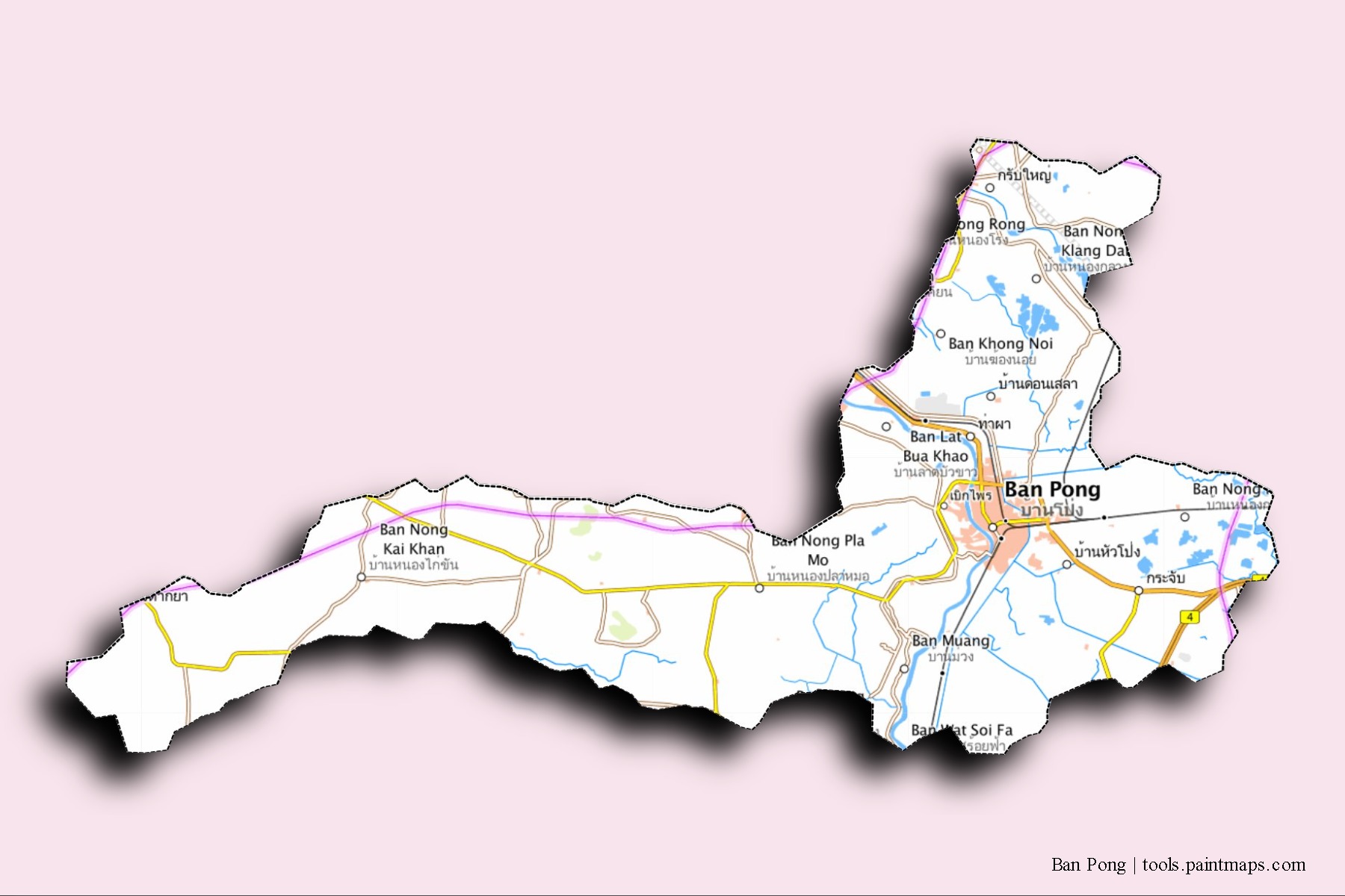 3D gölge efektli Ban Pong mahalleleri ve köyleri haritası