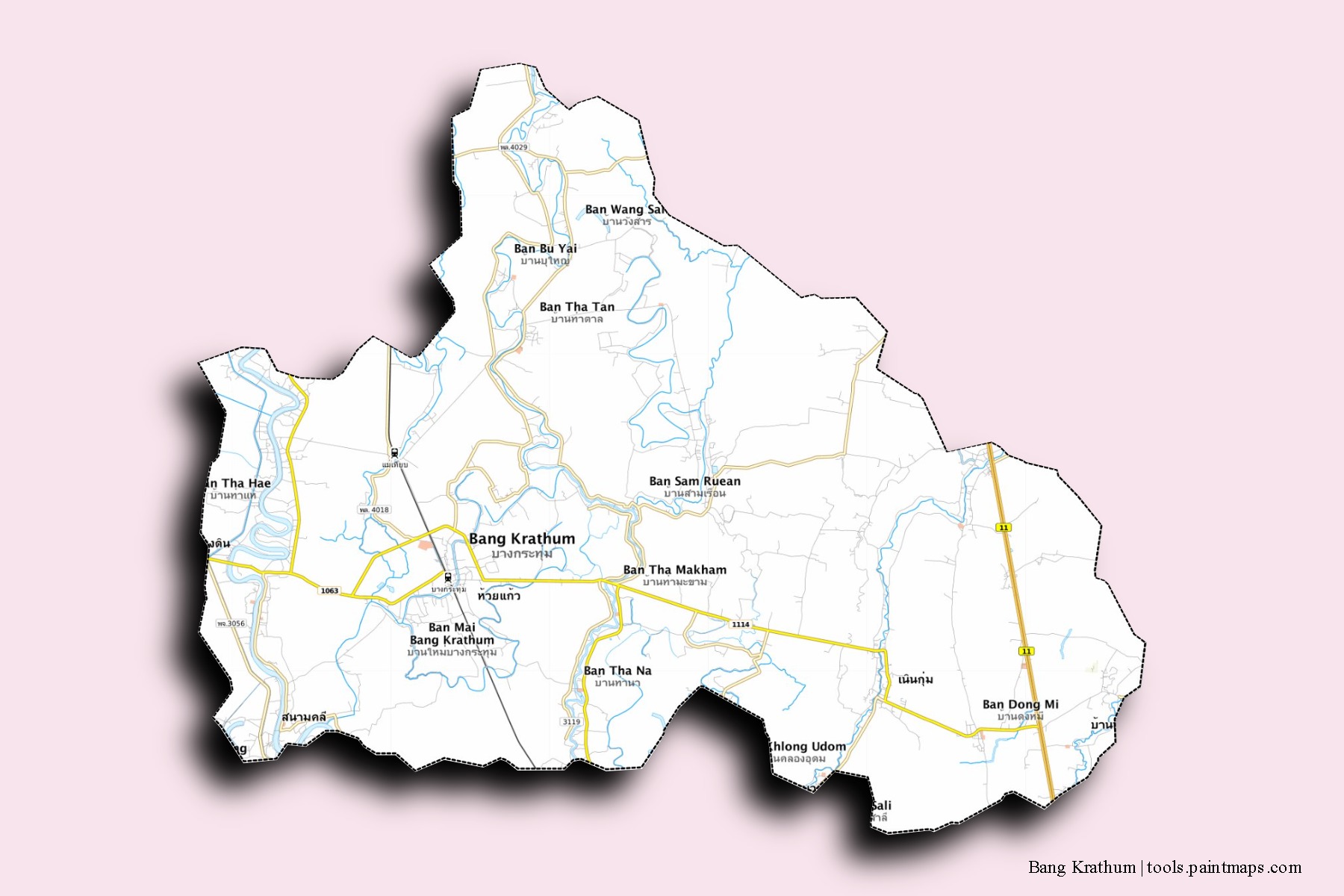 Mapa de barrios y pueblos de Bang Krathum con efecto de sombra 3D
