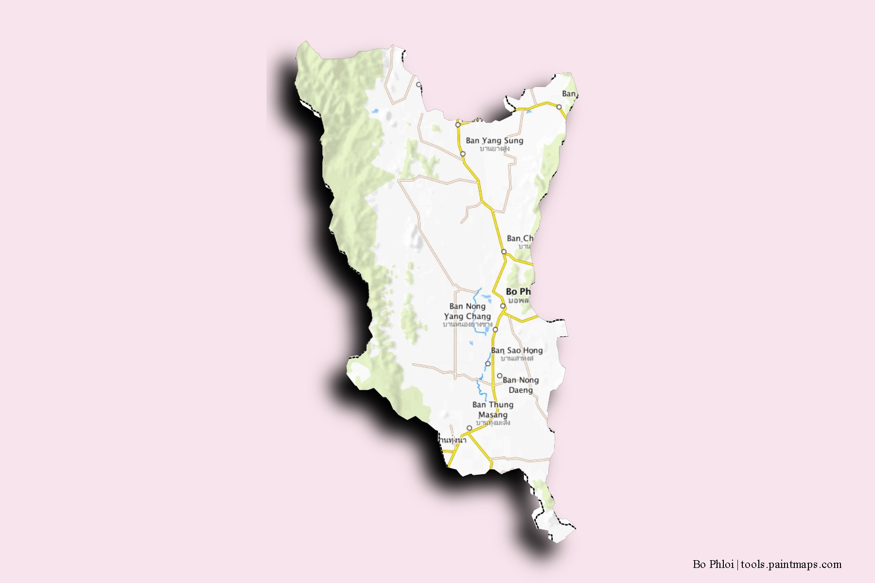 Mapa de barrios y pueblos de Bo Phloi con efecto de sombra 3D