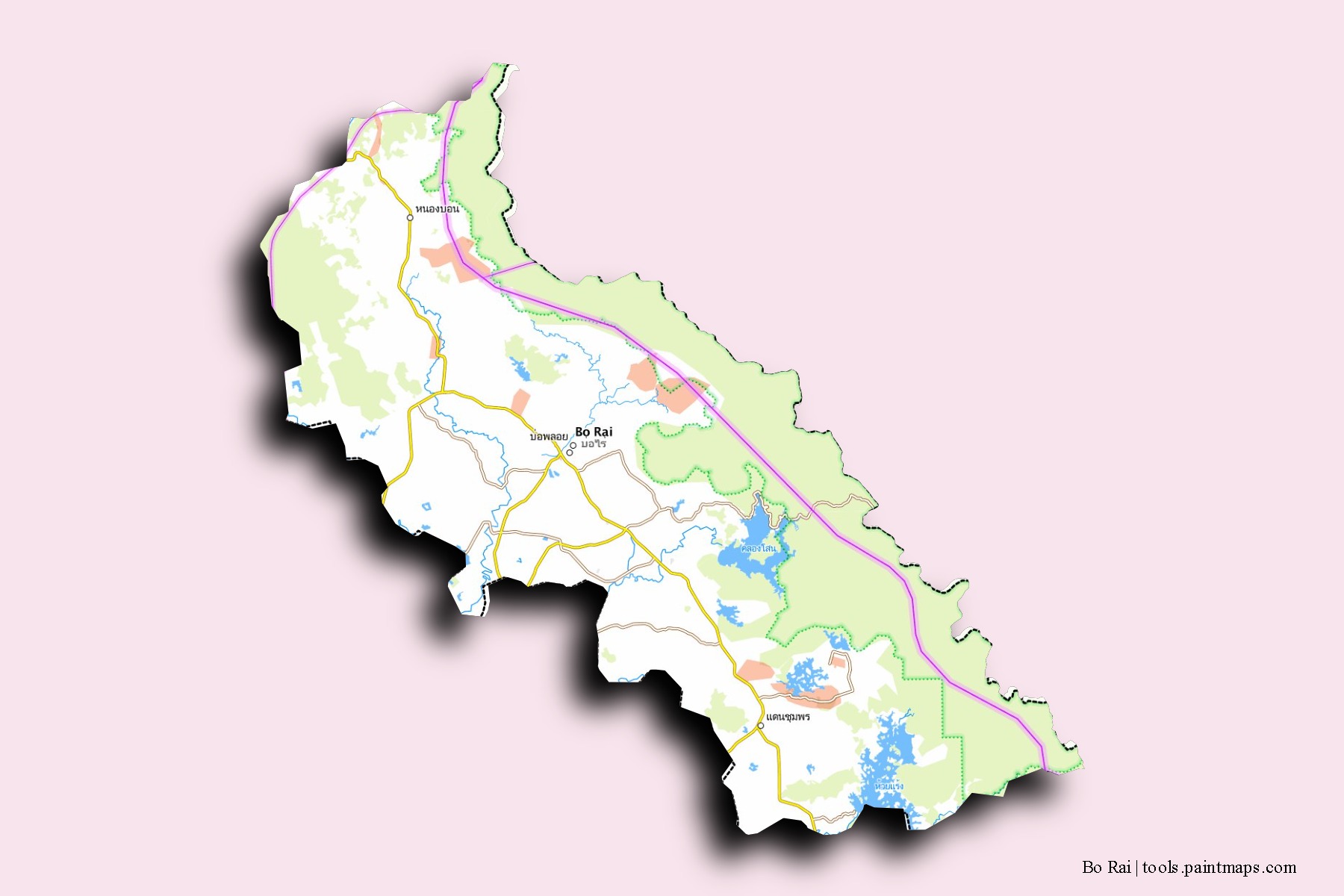 Mapa de barrios y pueblos de Bo Rai con efecto de sombra 3D