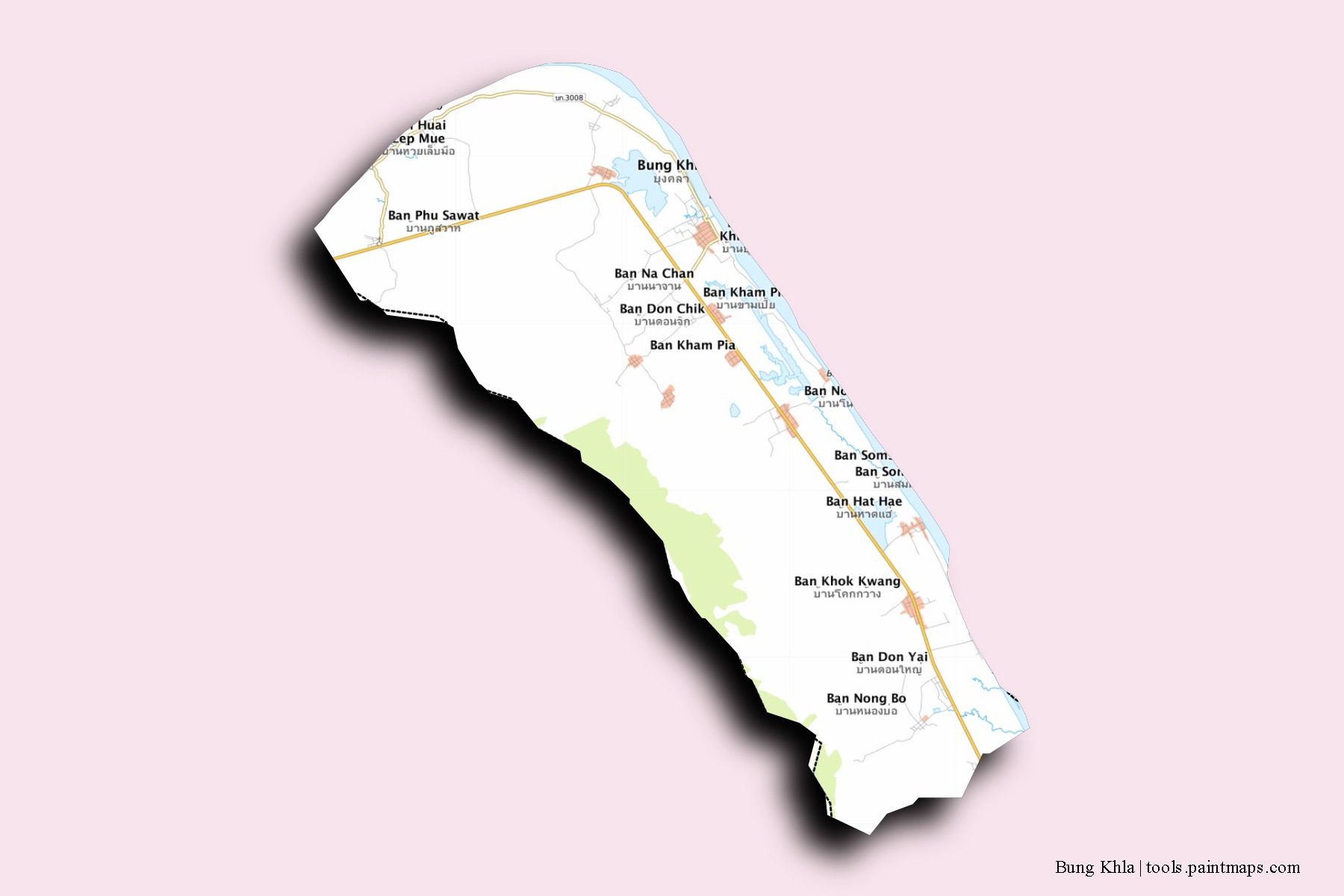 Mapa de barrios y pueblos de Bung Khla con efecto de sombra 3D