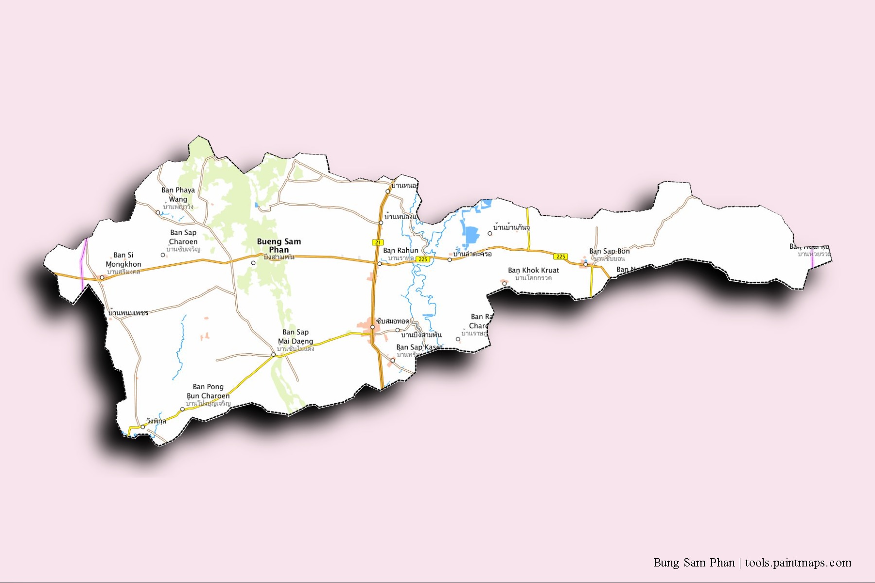 Bueng Sam Phan neighborhoods and villages map with 3D shadow effect