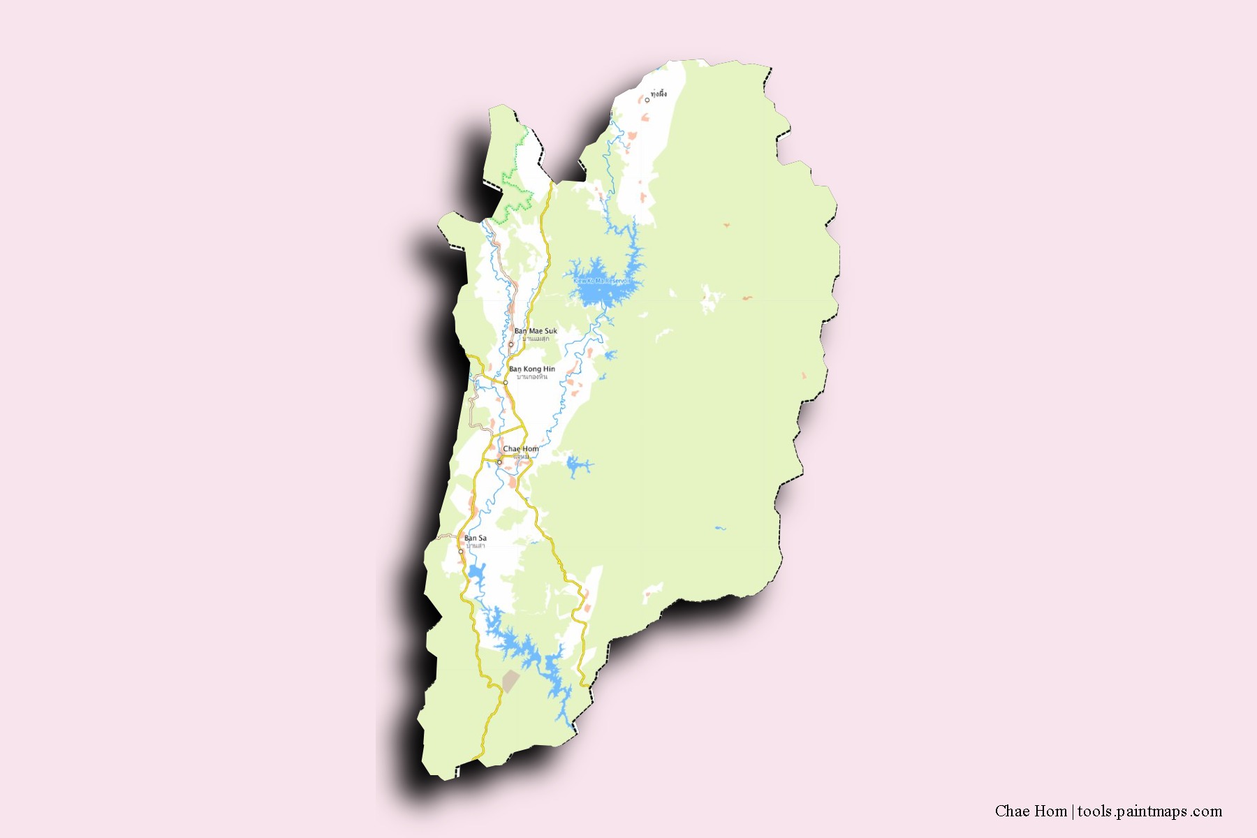 Mapa de barrios y pueblos de Chae Hom con efecto de sombra 3D