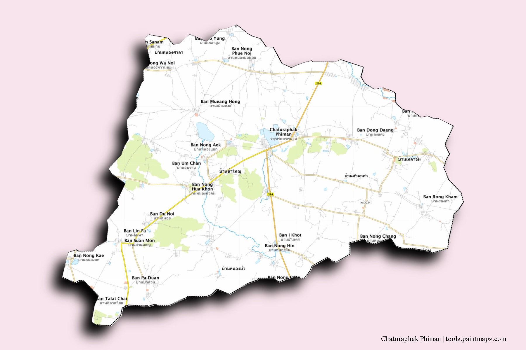 Mapa de barrios y pueblos de Chaturaphak Phiman con efecto de sombra 3D