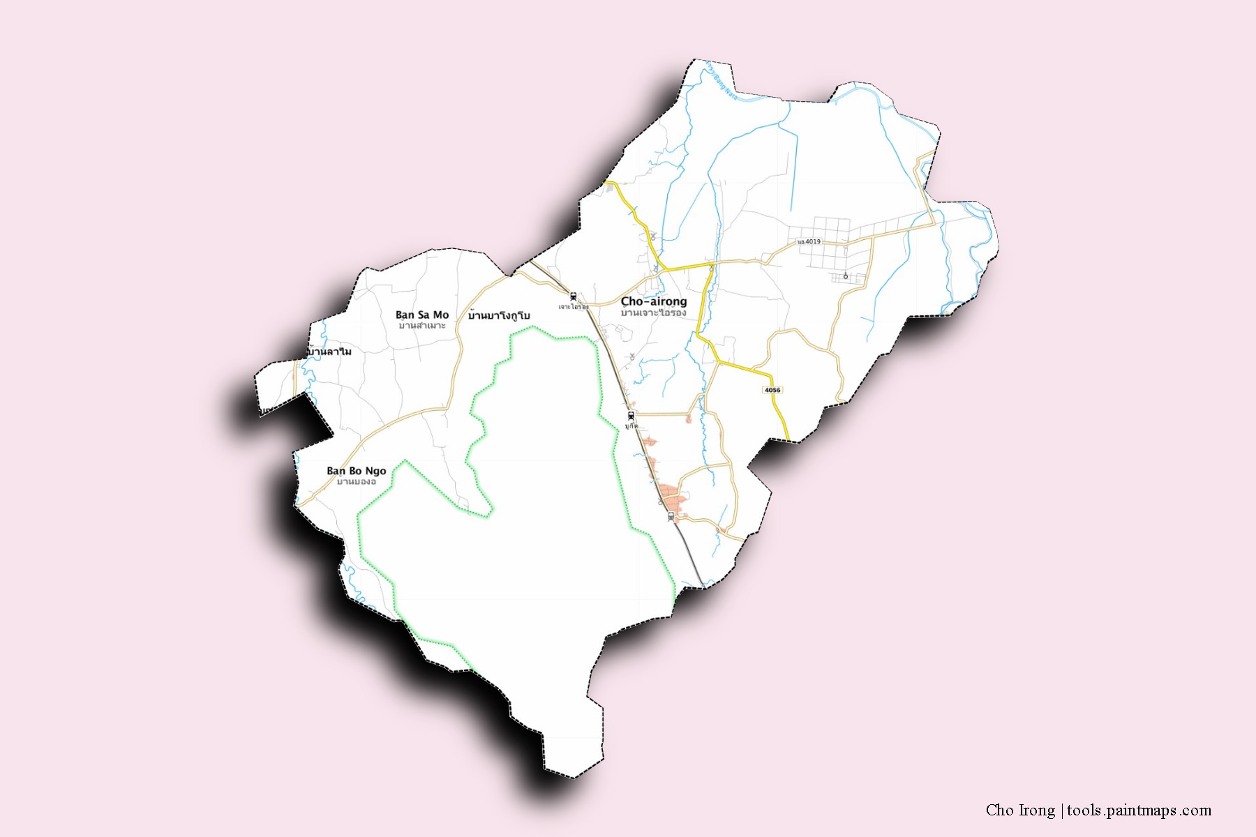 Mapa de barrios y pueblos de Cho Irong con efecto de sombra 3D