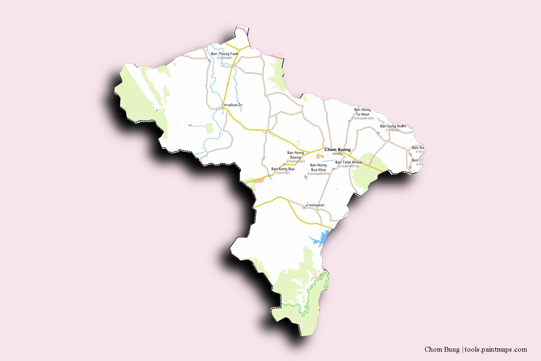 Mapa de barrios y pueblos de Chom Bung con efecto de sombra 3D