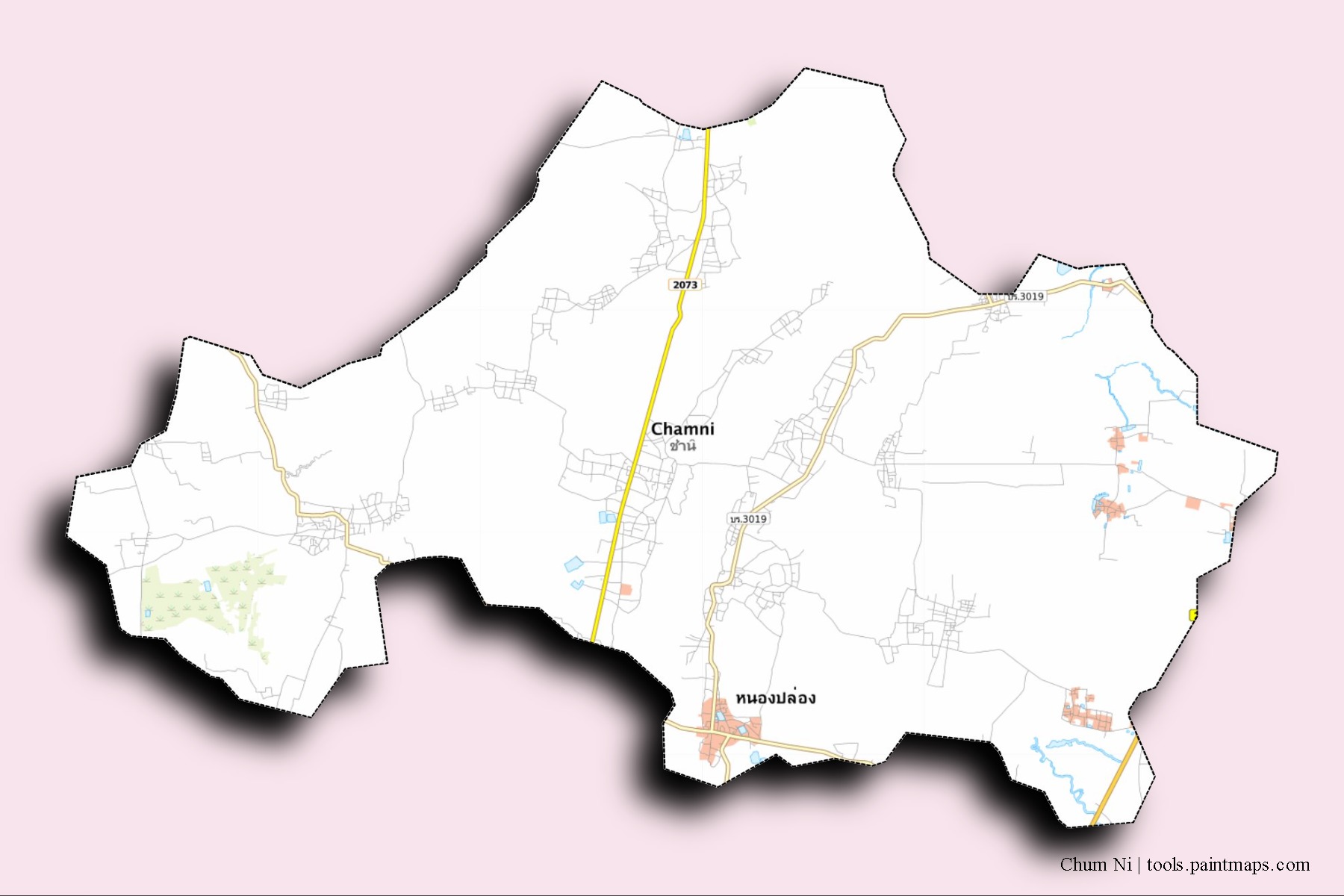 Mapa de barrios y pueblos de Chum Ni con efecto de sombra 3D