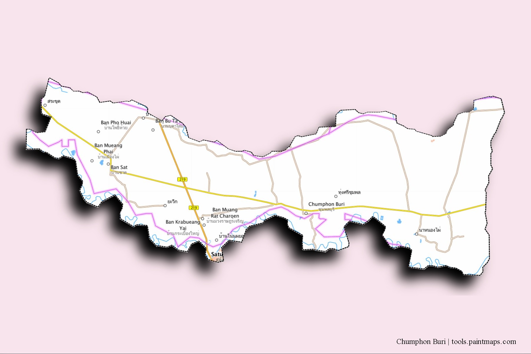 Chumphon Buri neighborhoods and villages map with 3D shadow effect