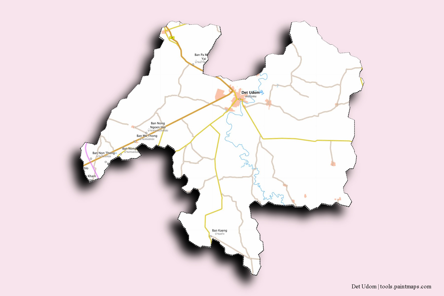 Mapa de barrios y pueblos de Det Udom con efecto de sombra 3D