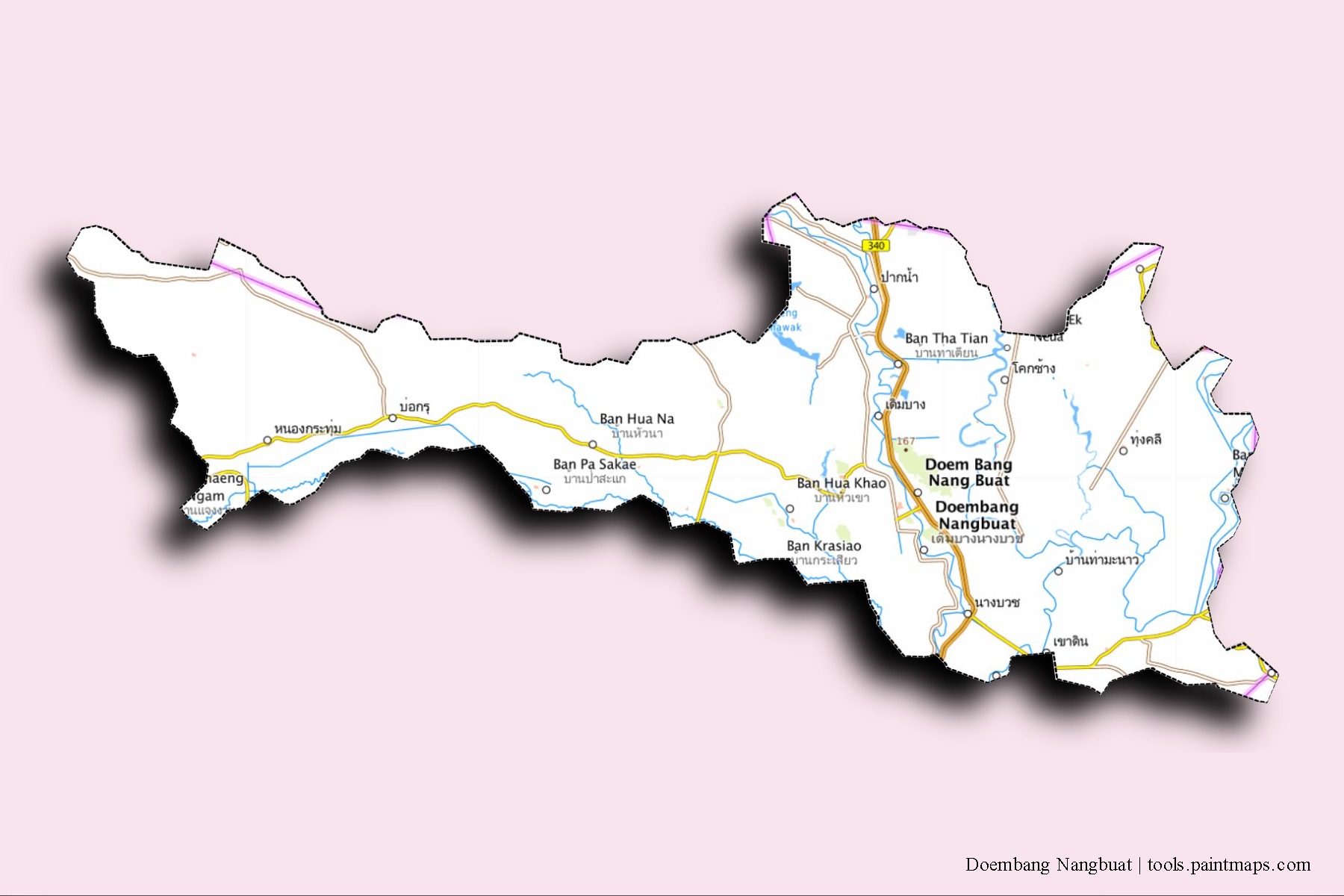 Doem Bang Nang Buat neighborhoods and villages map with 3D shadow effect