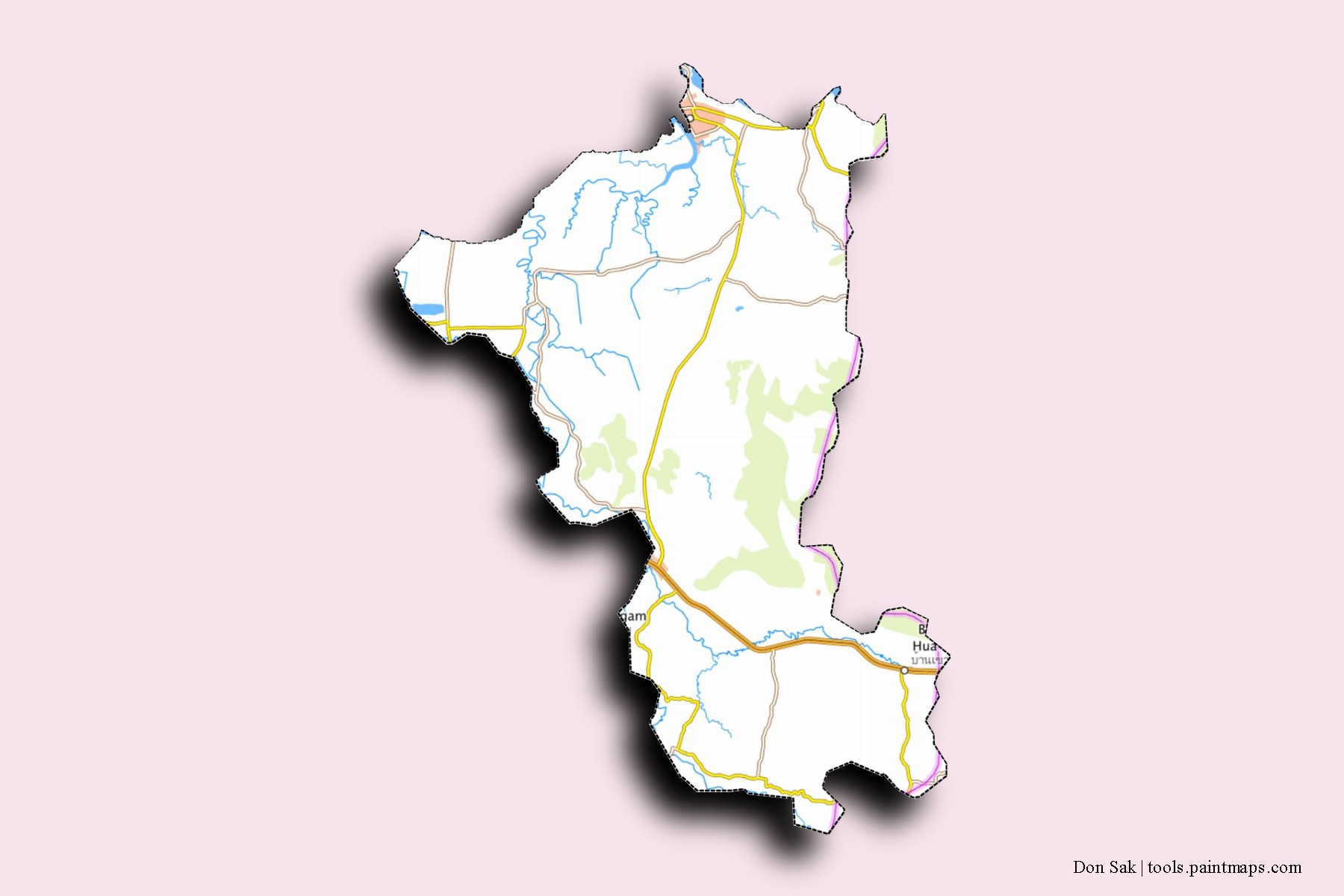 Mapa de barrios y pueblos de Don Sak con efecto de sombra 3D