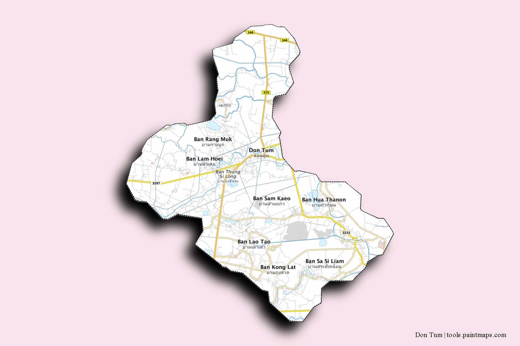 Don Tum neighborhoods and villages map with 3D shadow effect