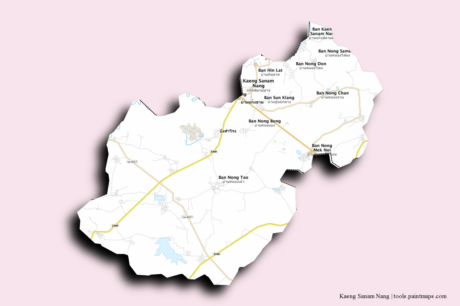 Mapa de barrios y pueblos de Kaeng Sanam Nang con efecto de sombra 3D