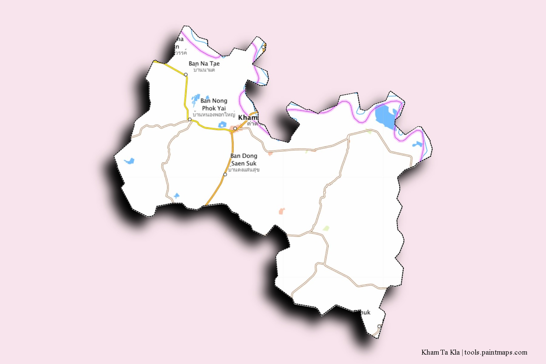 Mapa de barrios y pueblos de Kham Ta Kla con efecto de sombra 3D