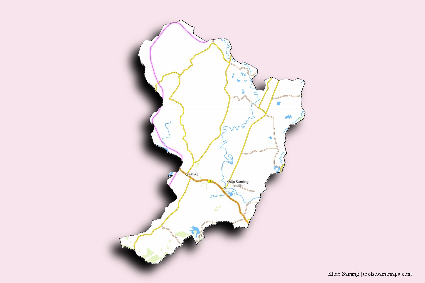 Mapa de barrios y pueblos de Khao Saming con efecto de sombra 3D