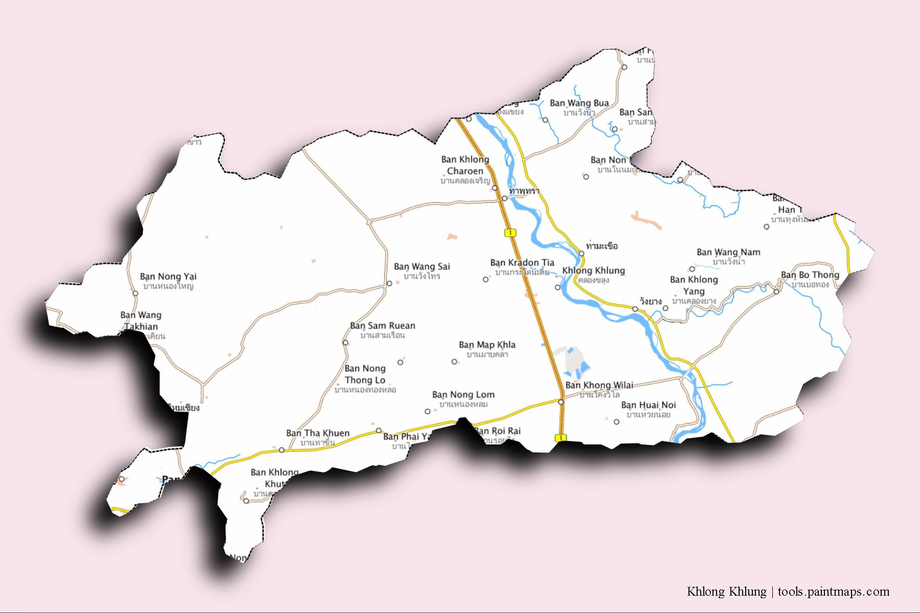 Mapa de barrios y pueblos de Khlong Khlung con efecto de sombra 3D