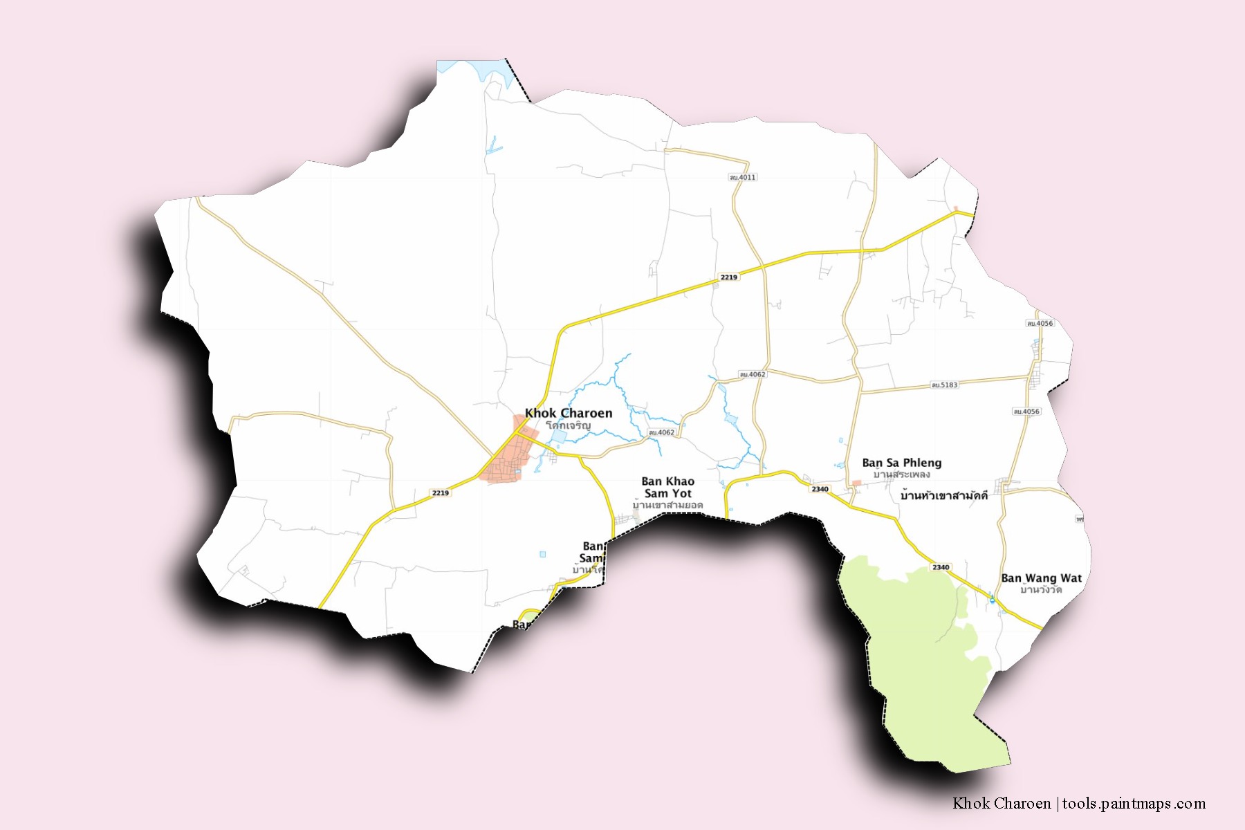 Khok Charoen neighborhoods and villages map with 3D shadow effect