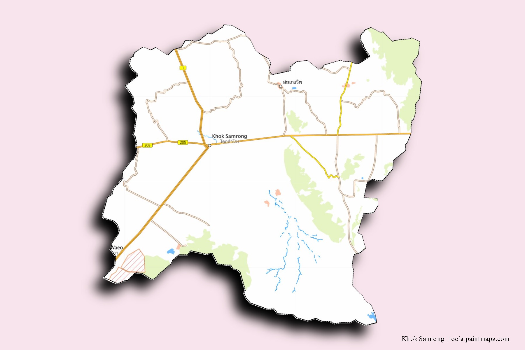 Mapa de barrios y pueblos de Khok Samrong con efecto de sombra 3D