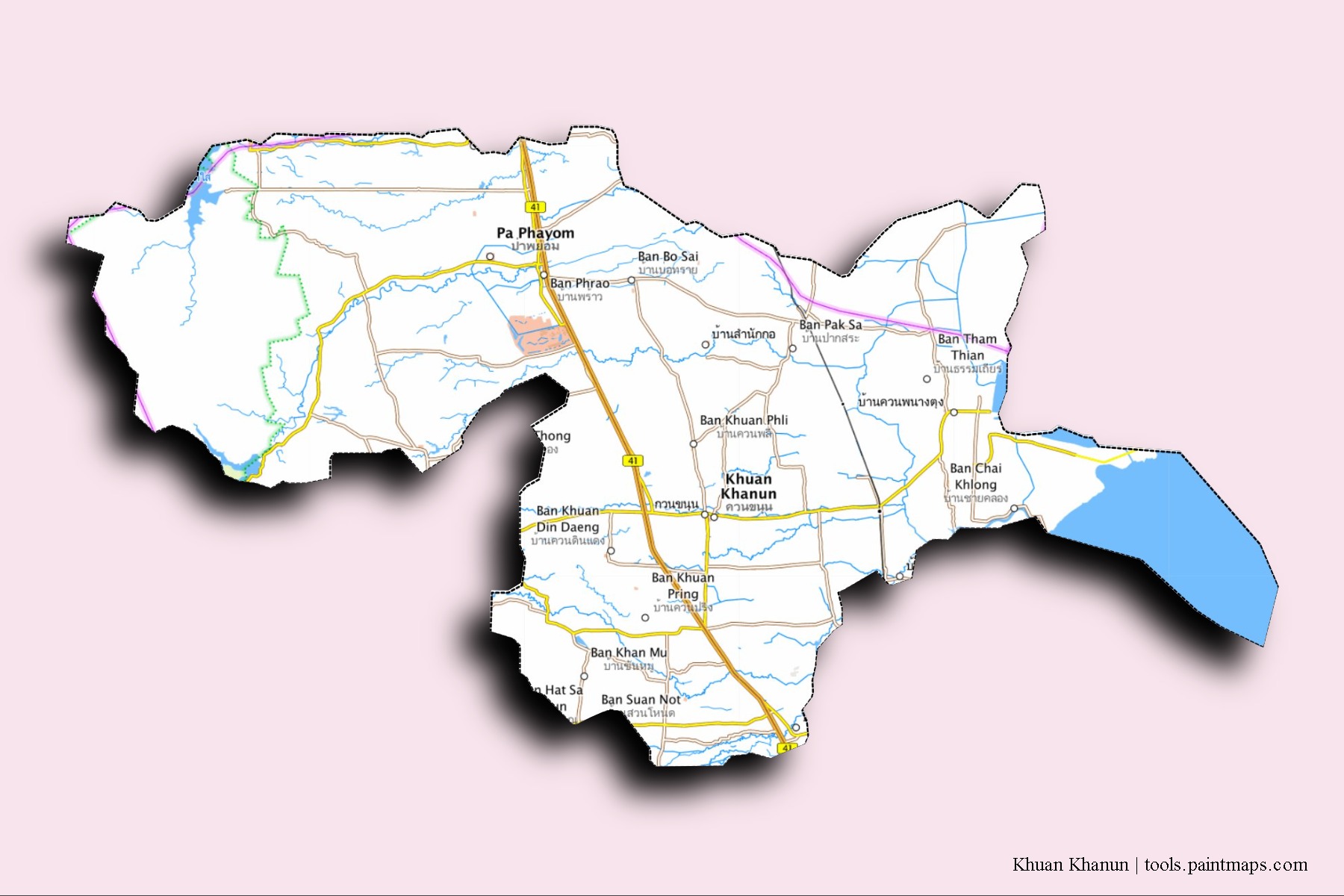 Khuan Khanun neighborhoods and villages map with 3D shadow effect