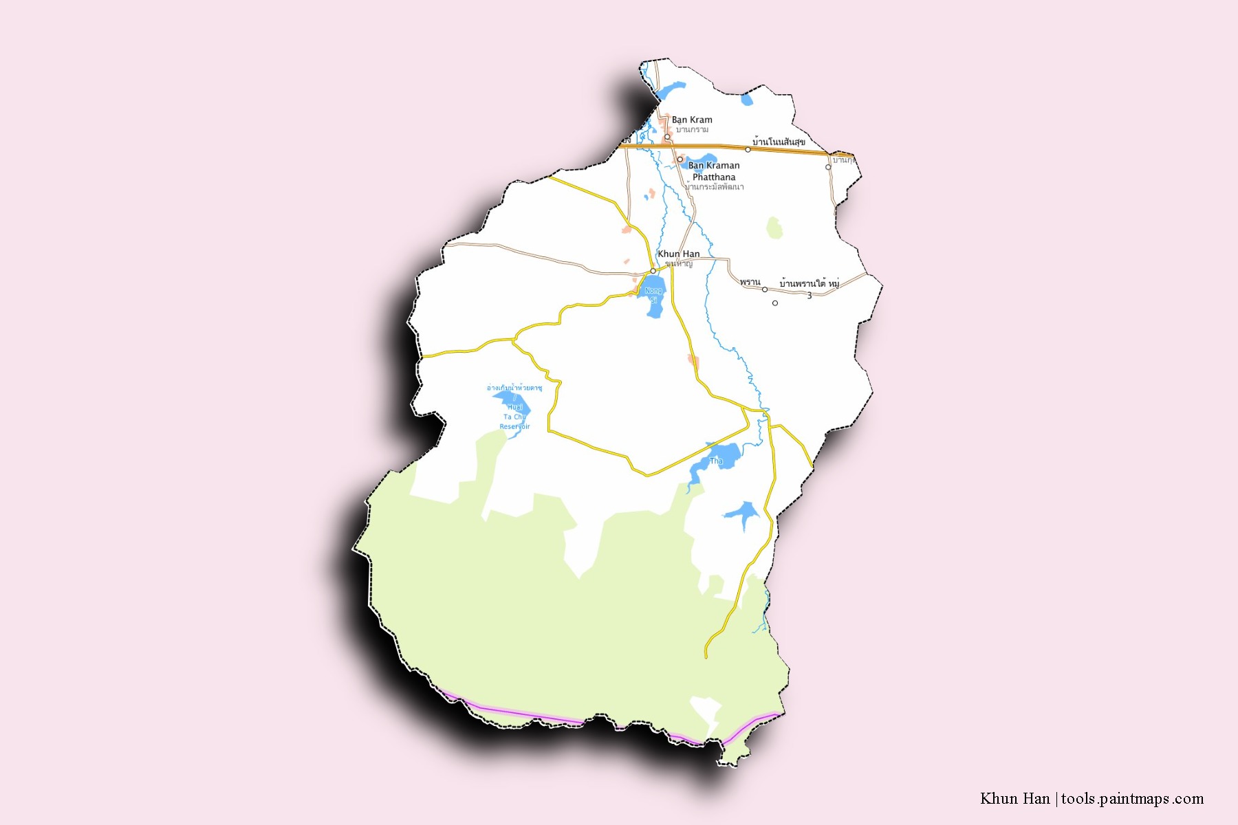 Mapa de barrios y pueblos de Khun Han con efecto de sombra 3D