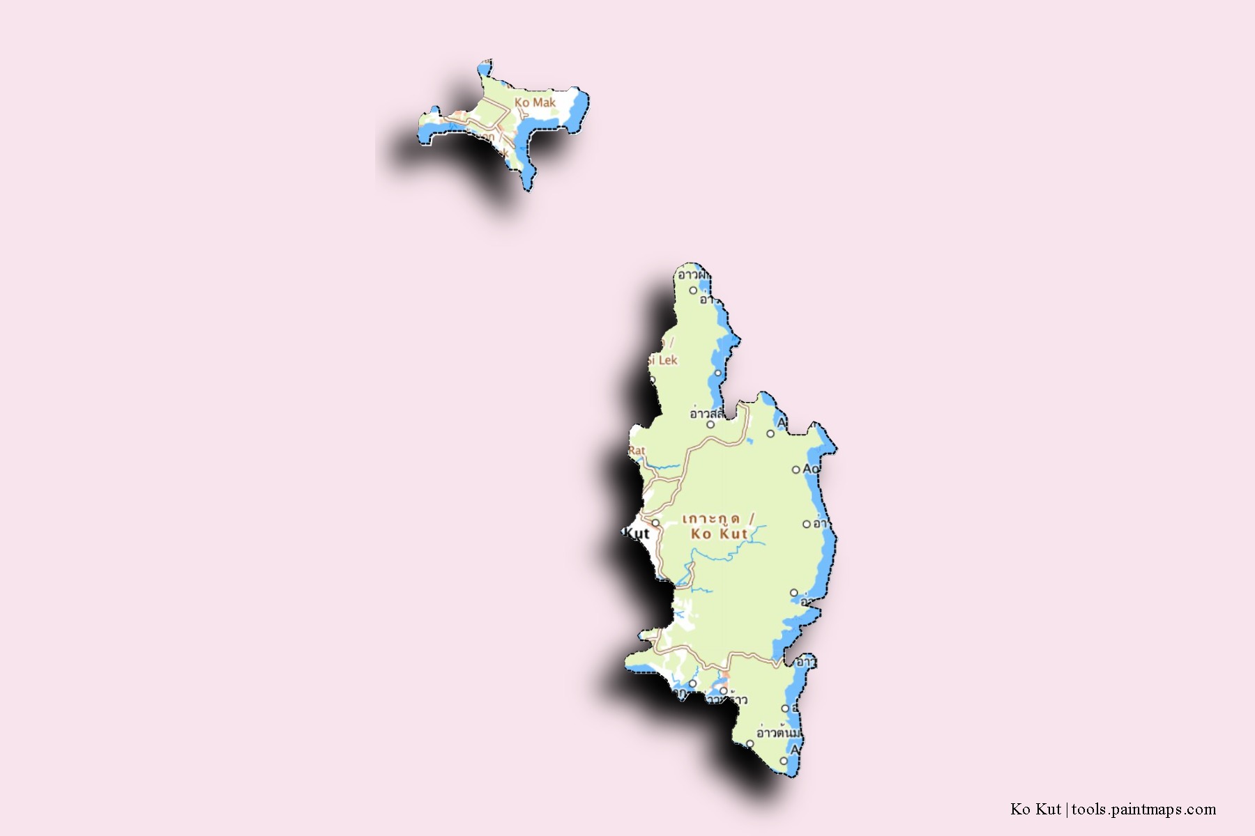 Mapa de barrios y pueblos de Ko Kut con efecto de sombra 3D