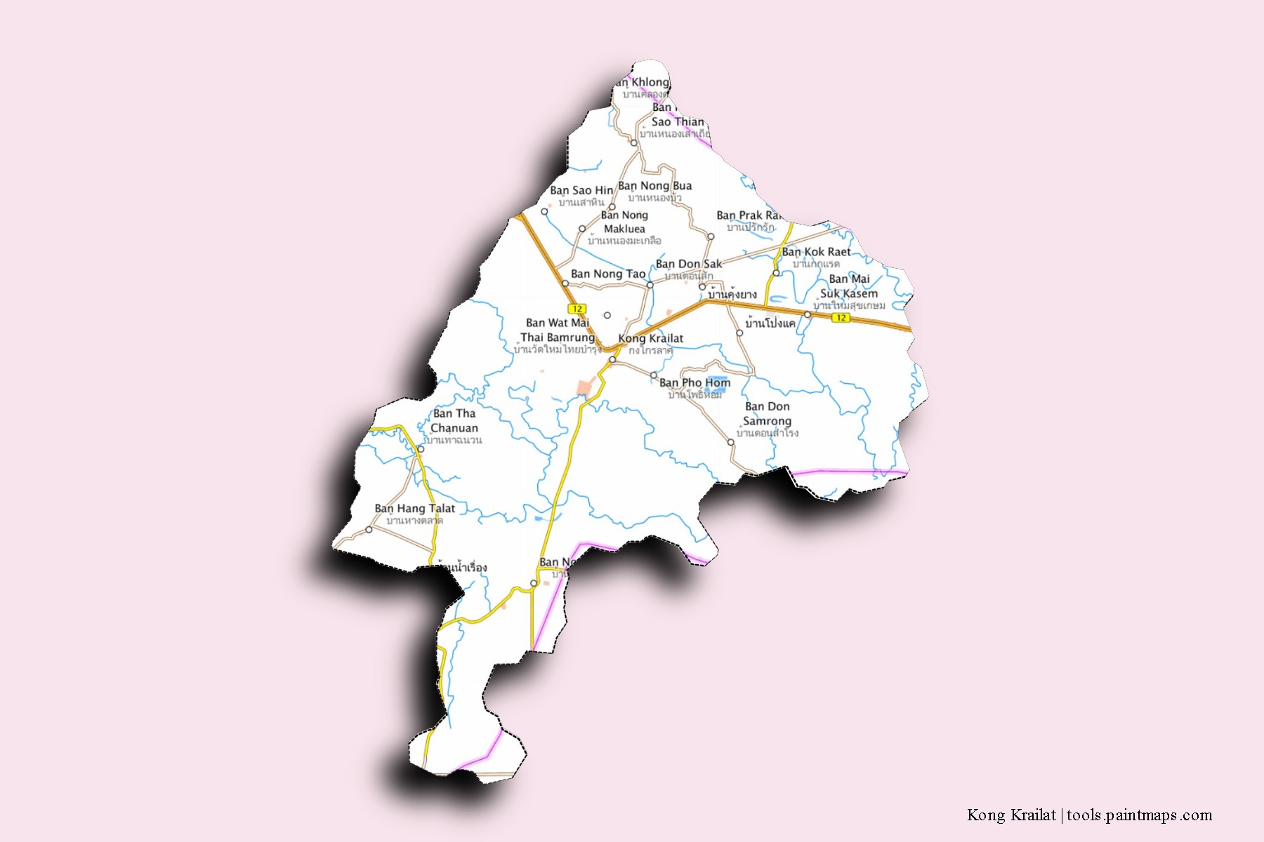 Mapa de barrios y pueblos de Kong Krailat con efecto de sombra 3D