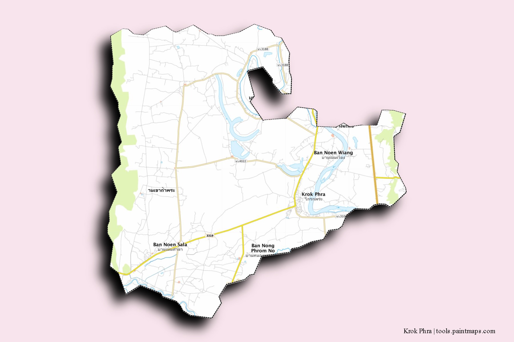 Mapa de barrios y pueblos de Krok Phra con efecto de sombra 3D