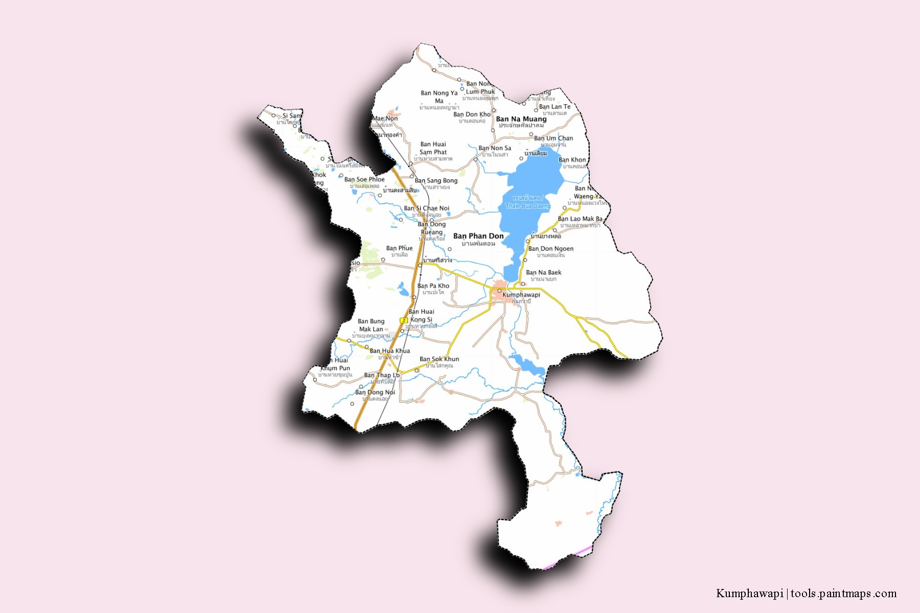 Mapa de barrios y pueblos de Kumphawapi con efecto de sombra 3D