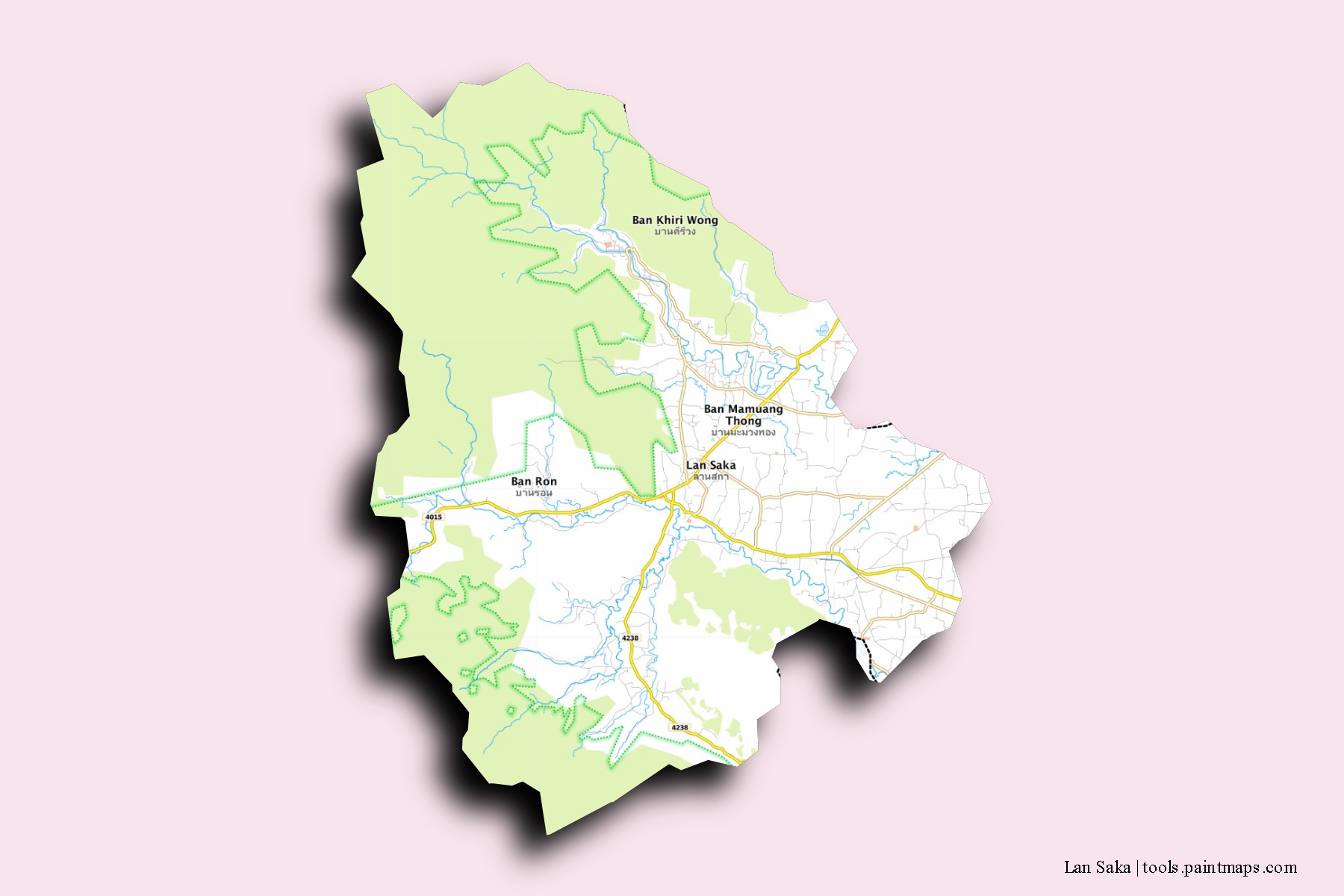 Mapa de barrios y pueblos de Lan Saka con efecto de sombra 3D