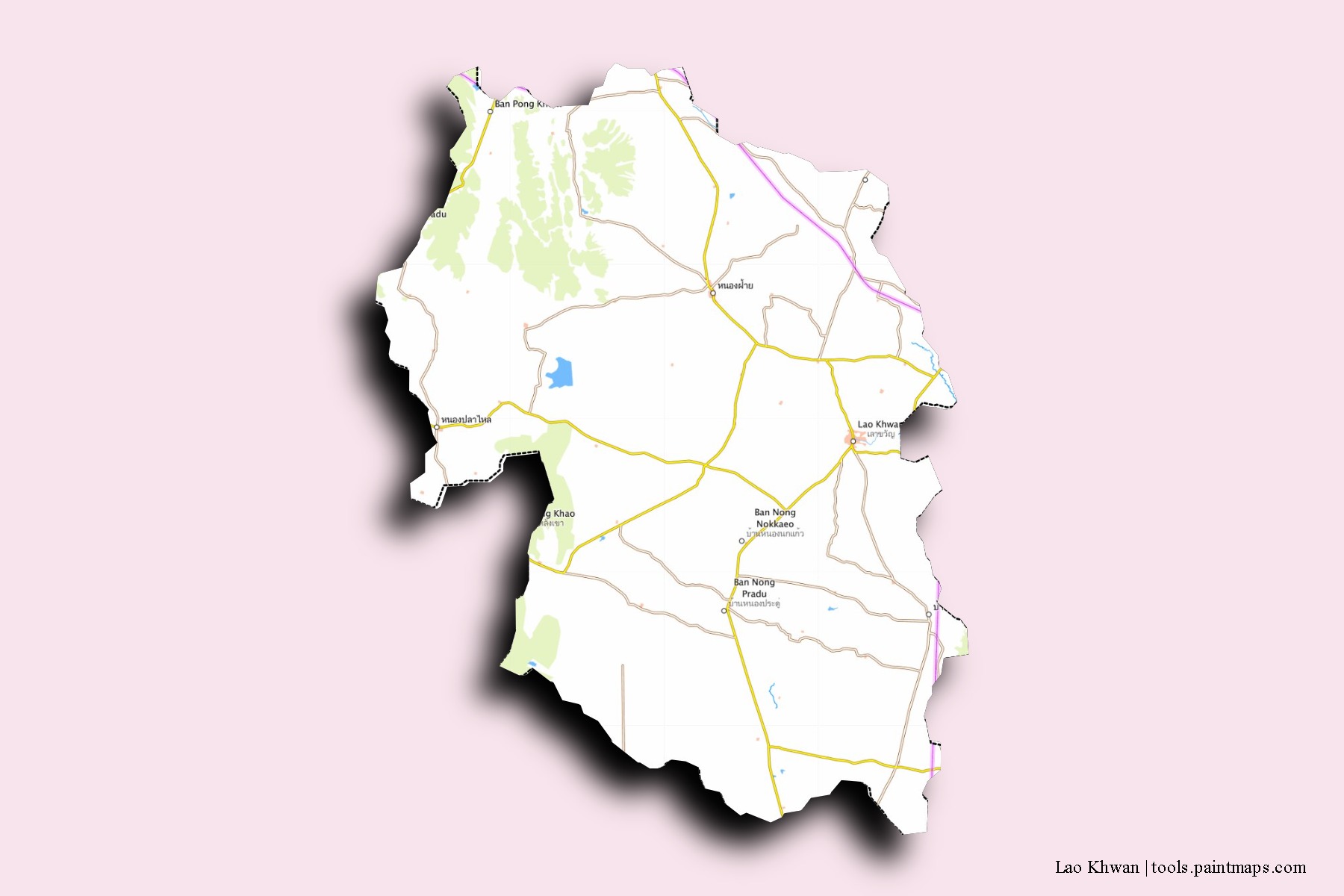 Mapa de barrios y pueblos de Lao Khwan con efecto de sombra 3D