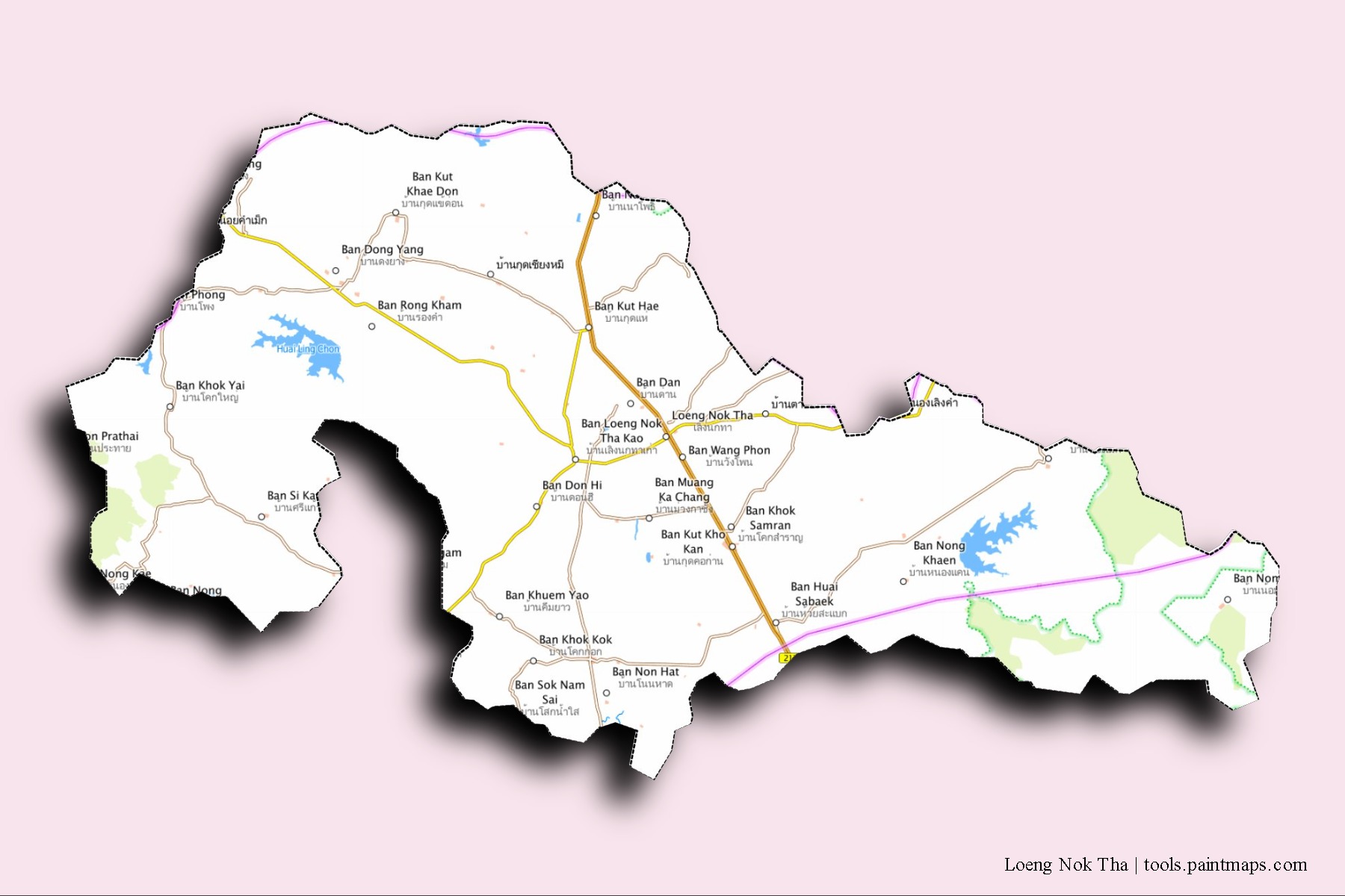 Mapa de barrios y pueblos de Loeng Nok Tha con efecto de sombra 3D