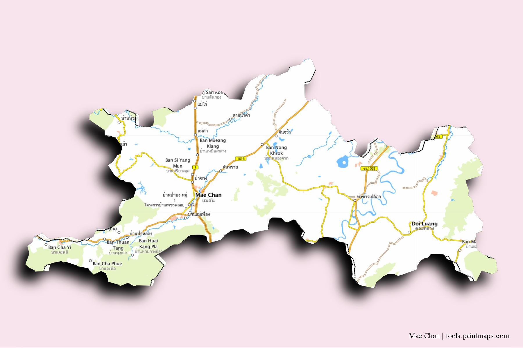 Mae Chan neighborhoods and villages map with 3D shadow effect