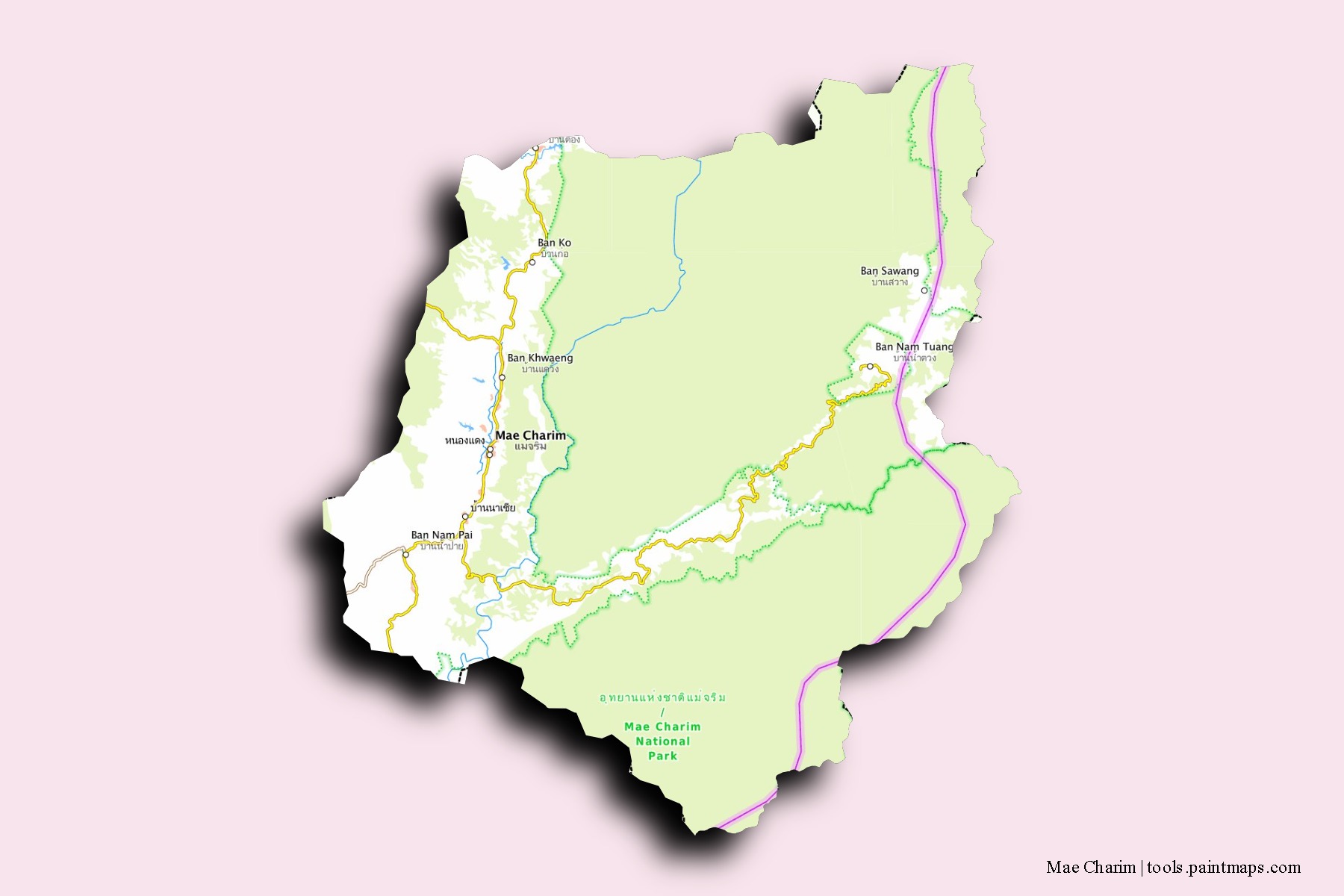 Mapa de barrios y pueblos de Mae Charim con efecto de sombra 3D