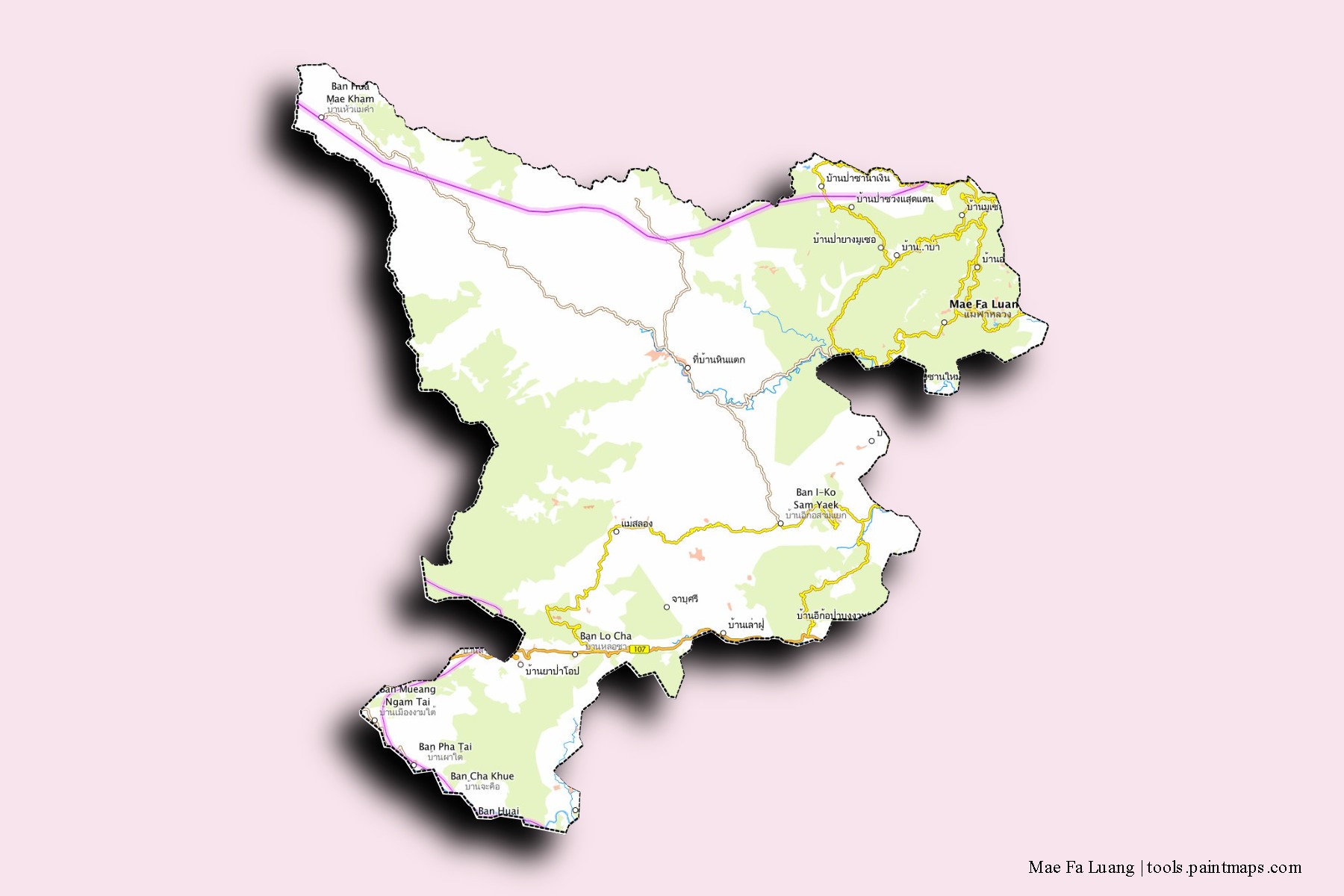 Mapa de barrios y pueblos de Mae Fa Luang con efecto de sombra 3D