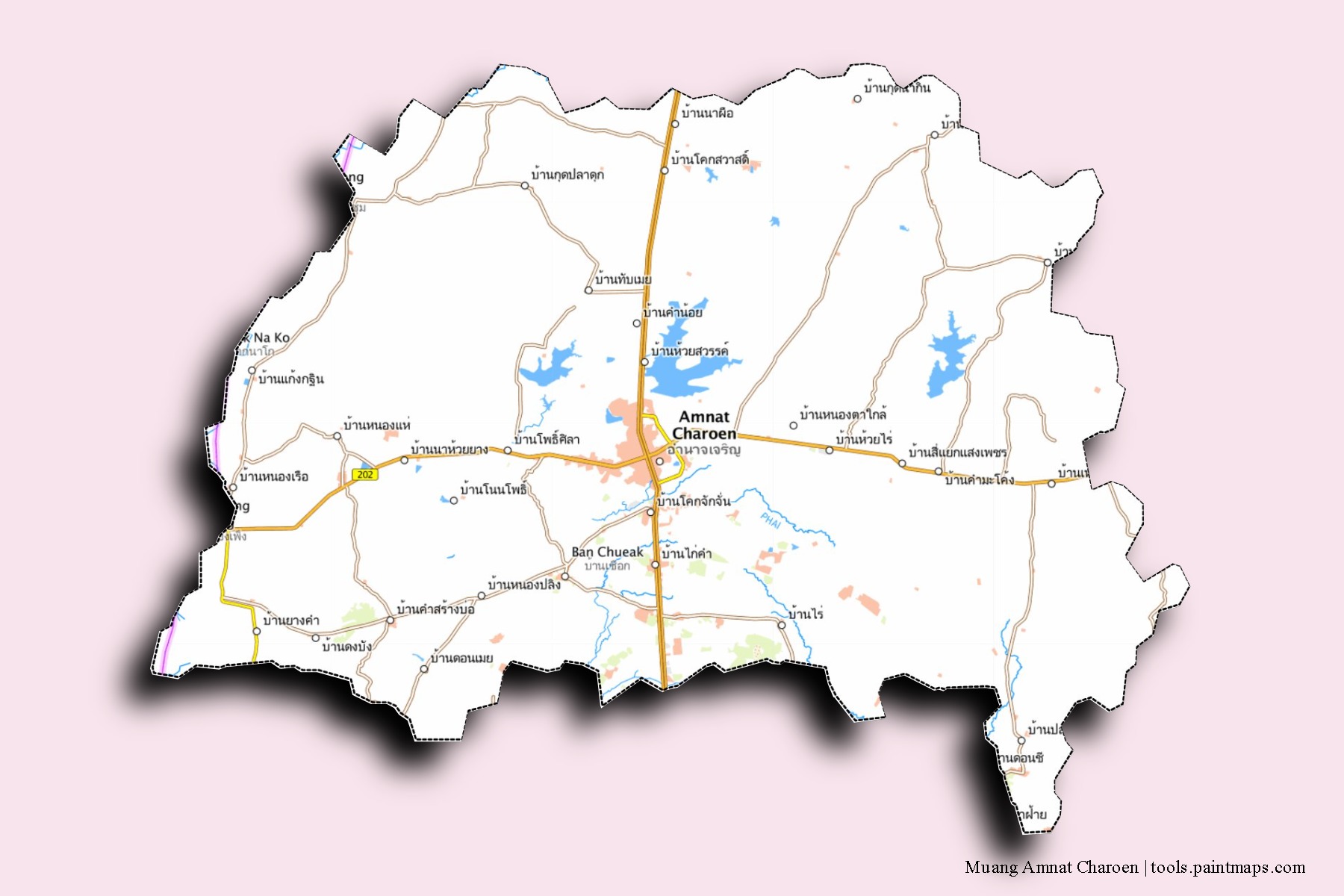 Mapa de barrios y pueblos de Muang Amnat Charoen con efecto de sombra 3D