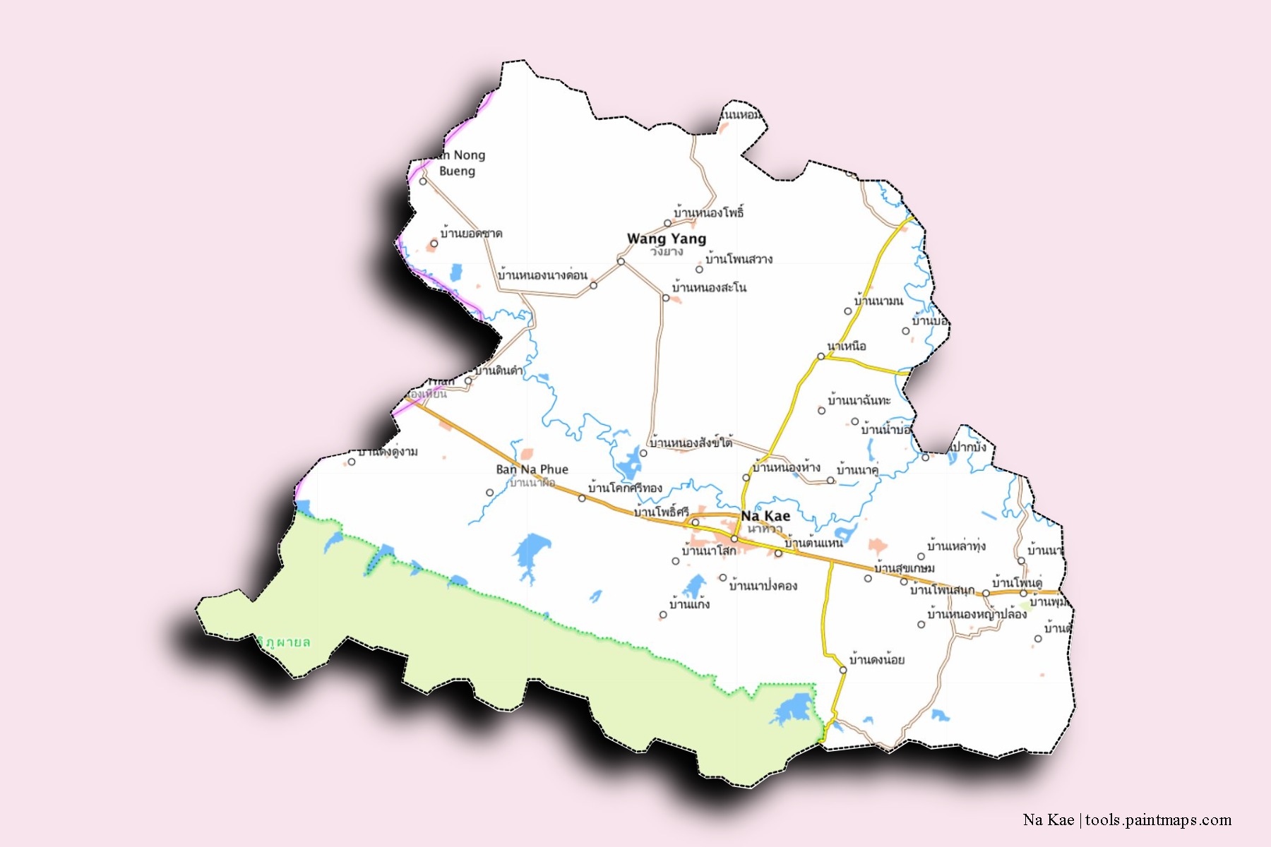 Mapa de barrios y pueblos de Na Kae con efecto de sombra 3D