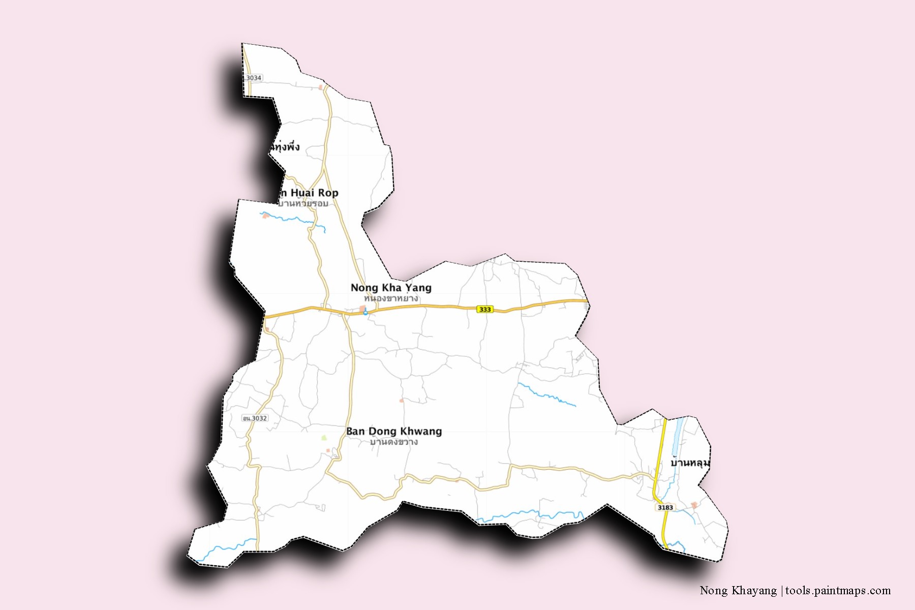 Mapa de barrios y pueblos de Nong Khayang con efecto de sombra 3D