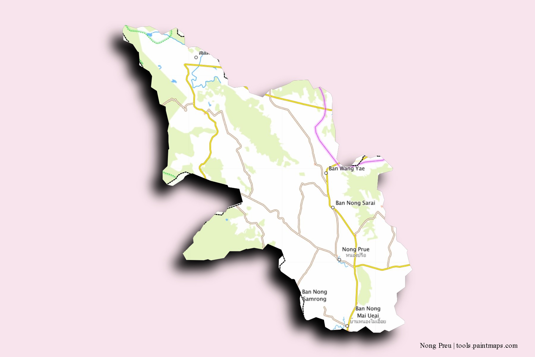 Mapa de barrios y pueblos de Nong Preu con efecto de sombra 3D