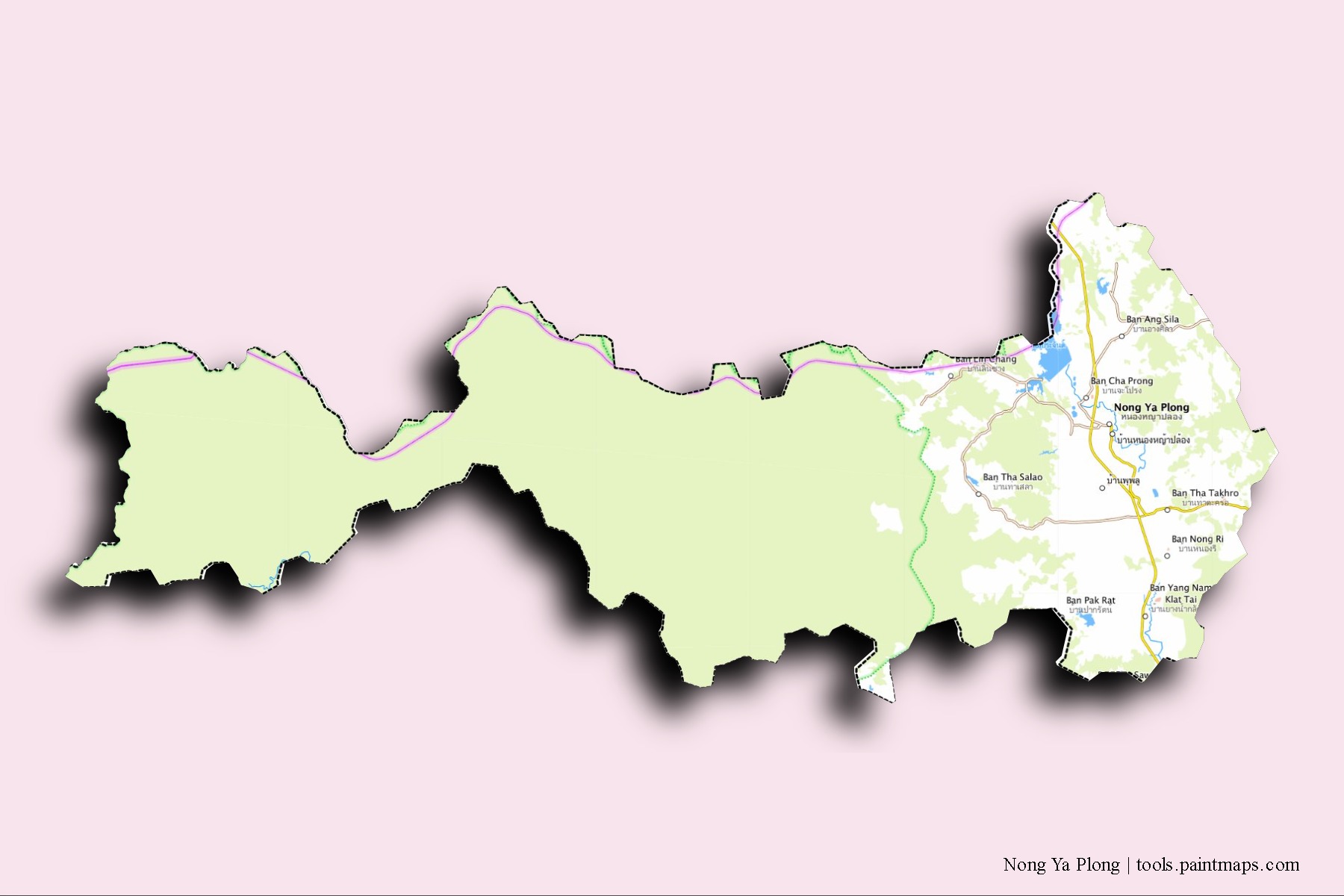 3D gölge efektli Nong Ya Plong mahalleleri ve köyleri haritası