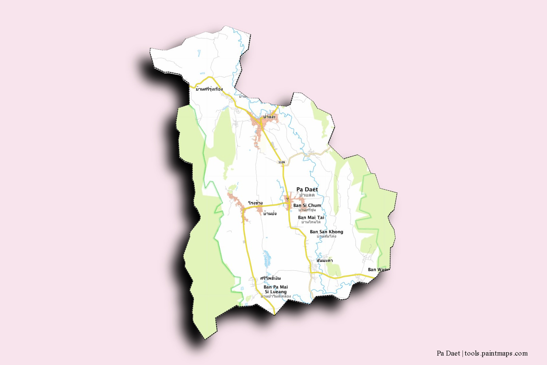 Mapa de barrios y pueblos de Pa Daet con efecto de sombra 3D