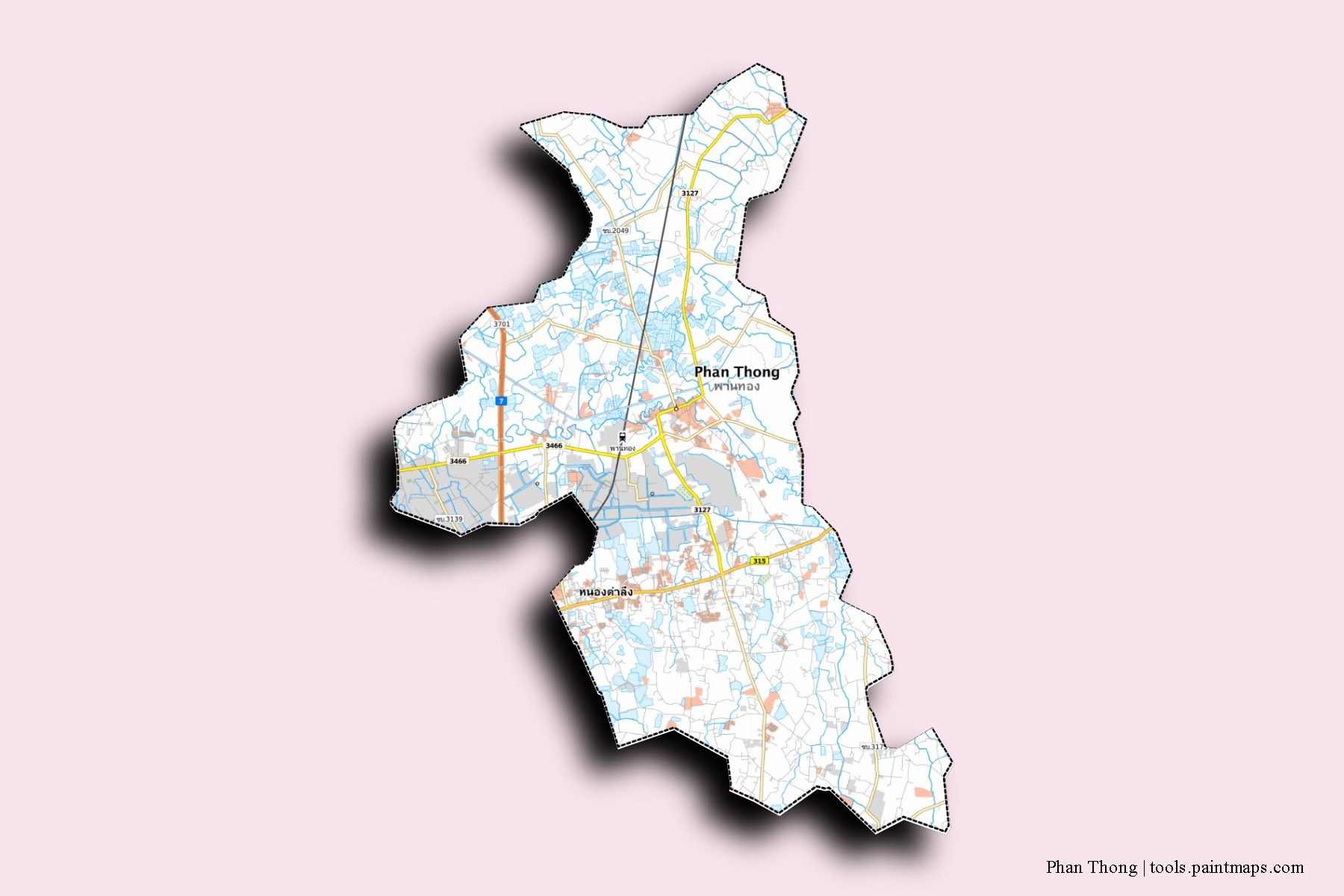 Mapa de barrios y pueblos de Phan Thong con efecto de sombra 3D