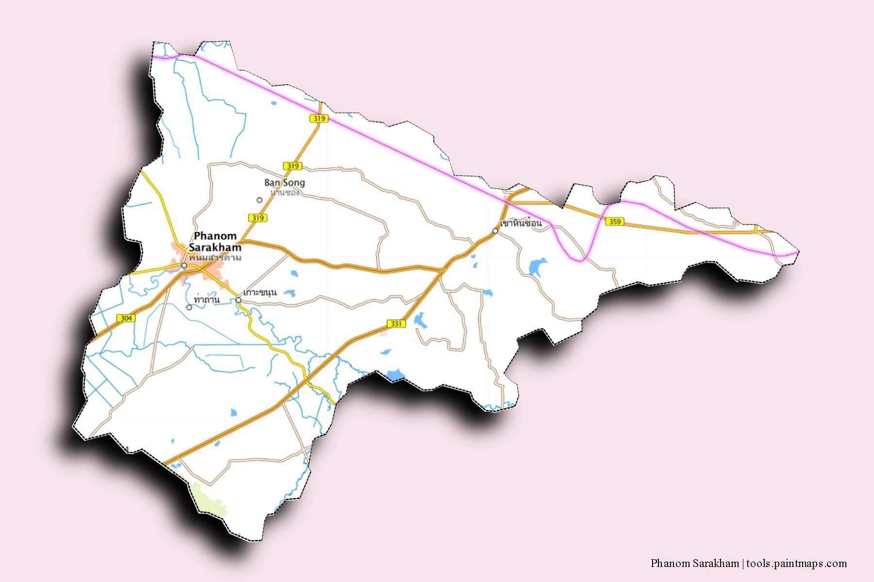 Mapa de barrios y pueblos de Phanom Sarakham con efecto de sombra 3D