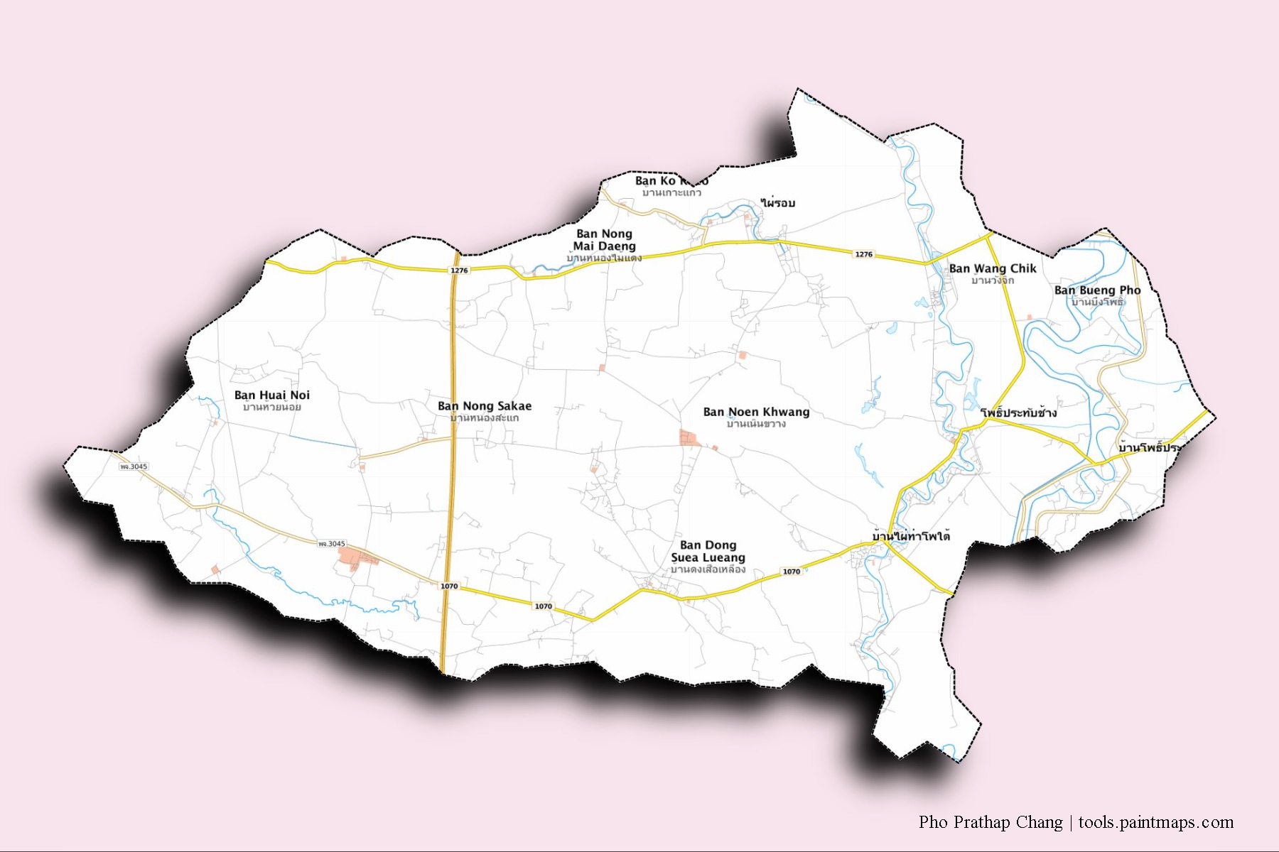 Mapa de barrios y pueblos de Pho Prathap Chang con efecto de sombra 3D