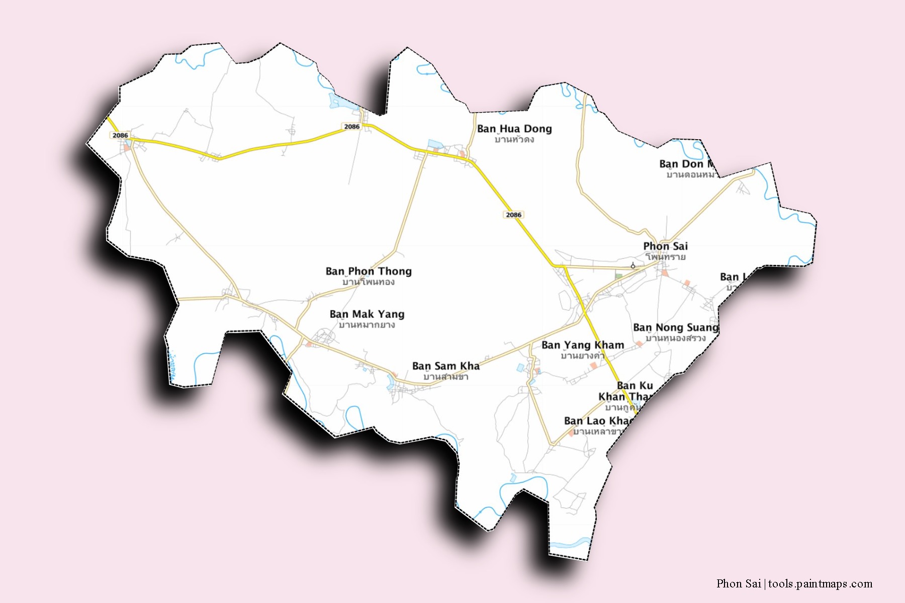 Mapa de barrios y pueblos de Phon Sai con efecto de sombra 3D